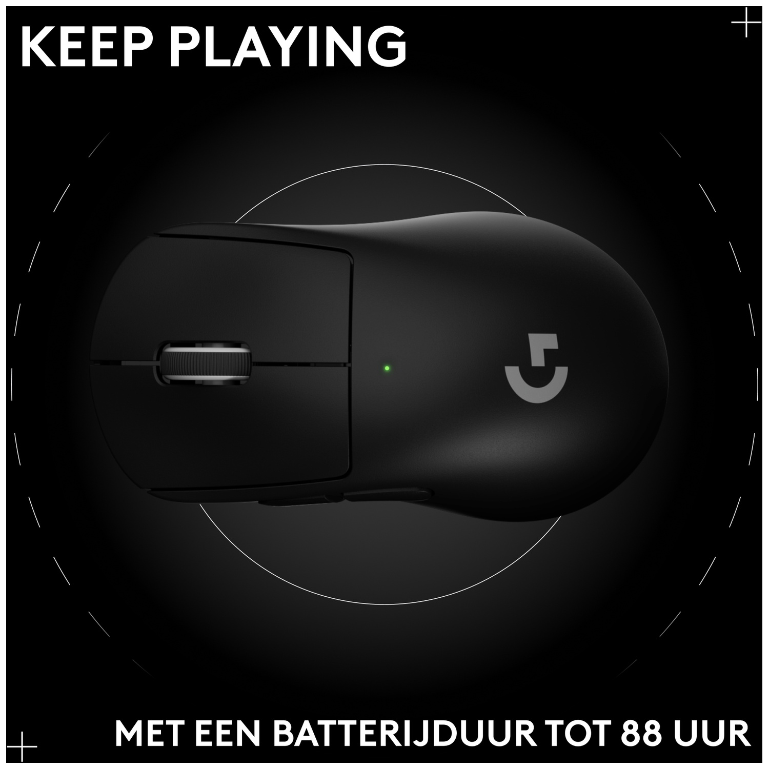 Souris de jeu sans fil noire avec voyant vert et texte sur fond noir.