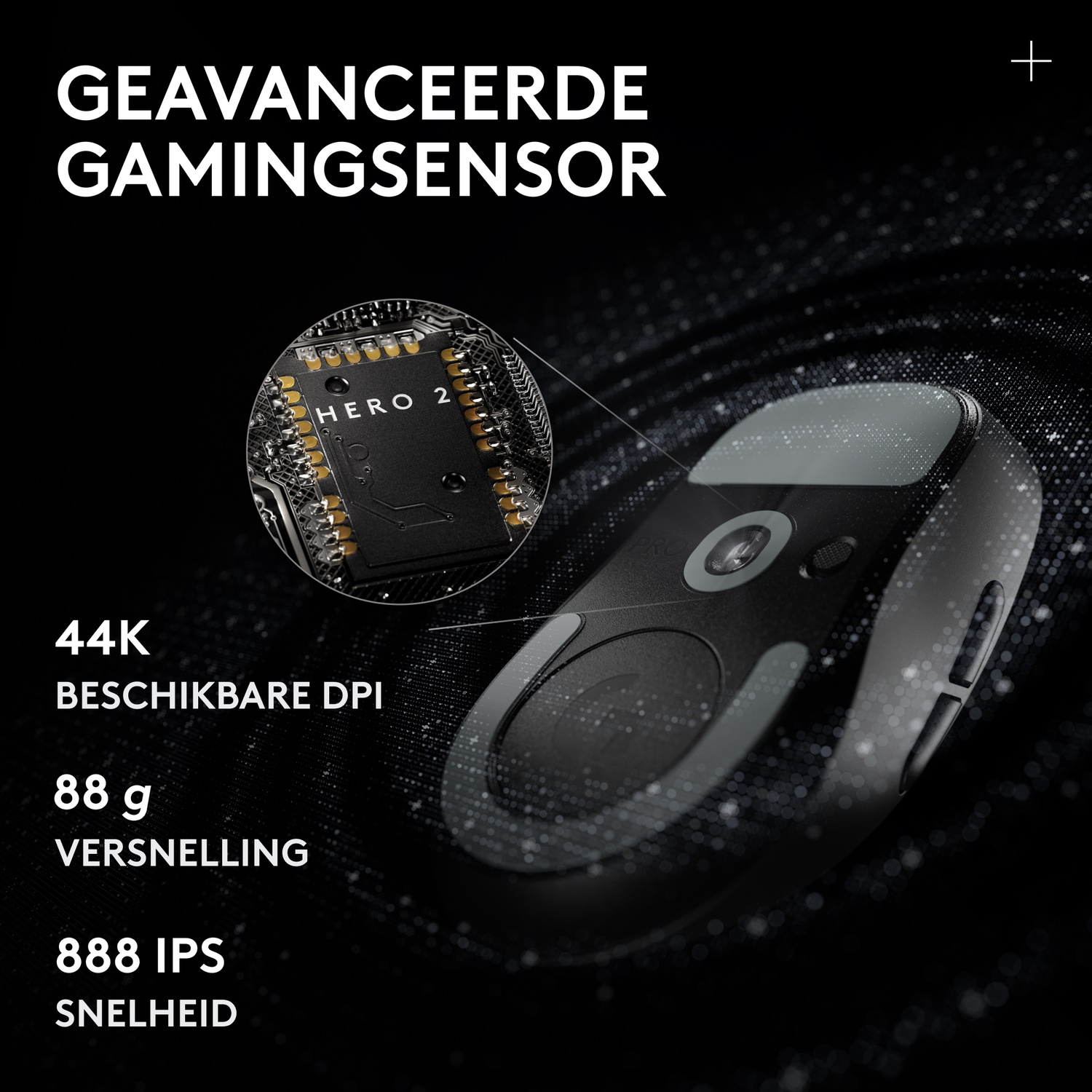 Souris de jeu avec capteur Hero 2, 44K DPI, 88g et 888 IPS sur fond sombre.