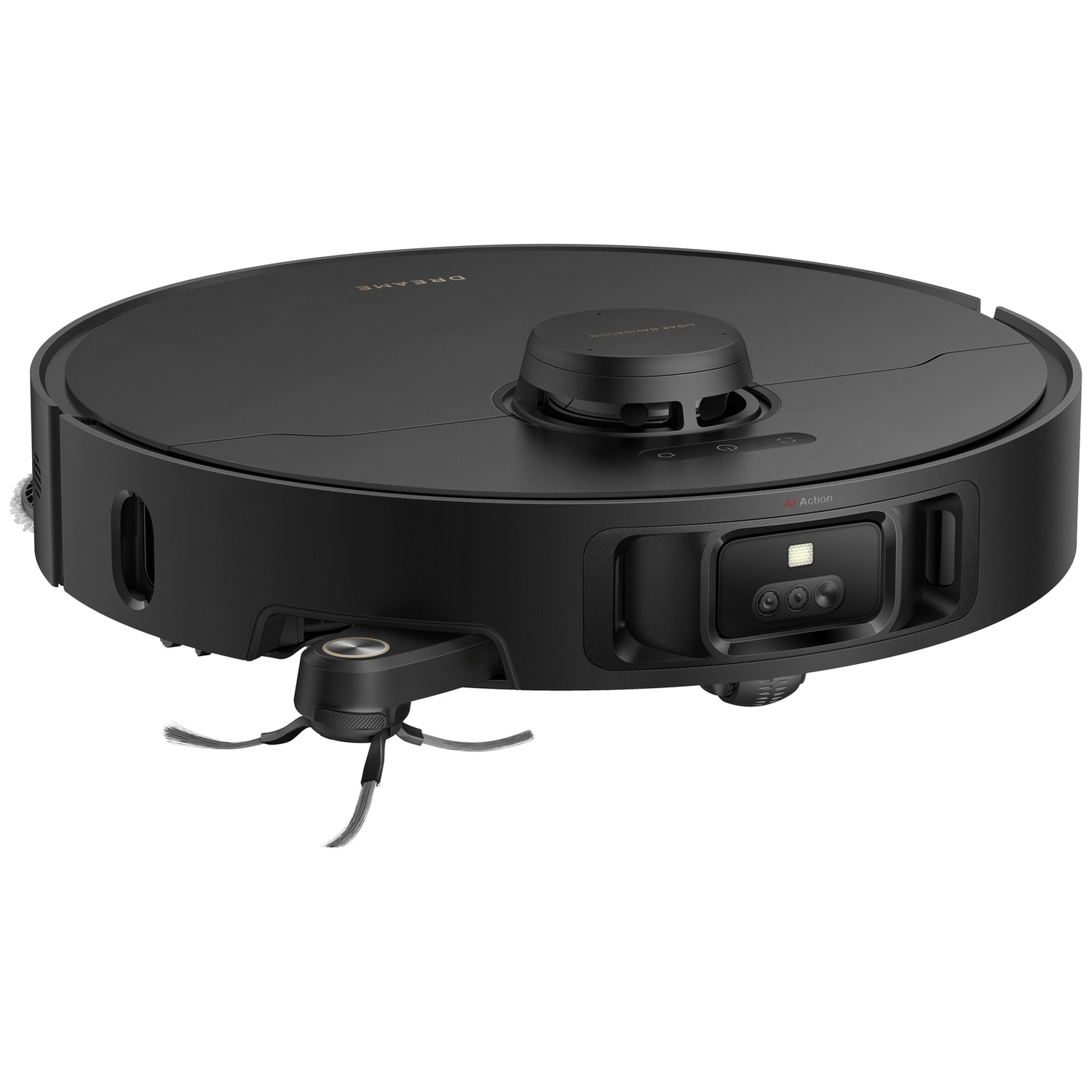 Zwarte robotstofzuiger met LiDAR-navigatie en AI Action-camera aan de voorkant op witte achtergrond.