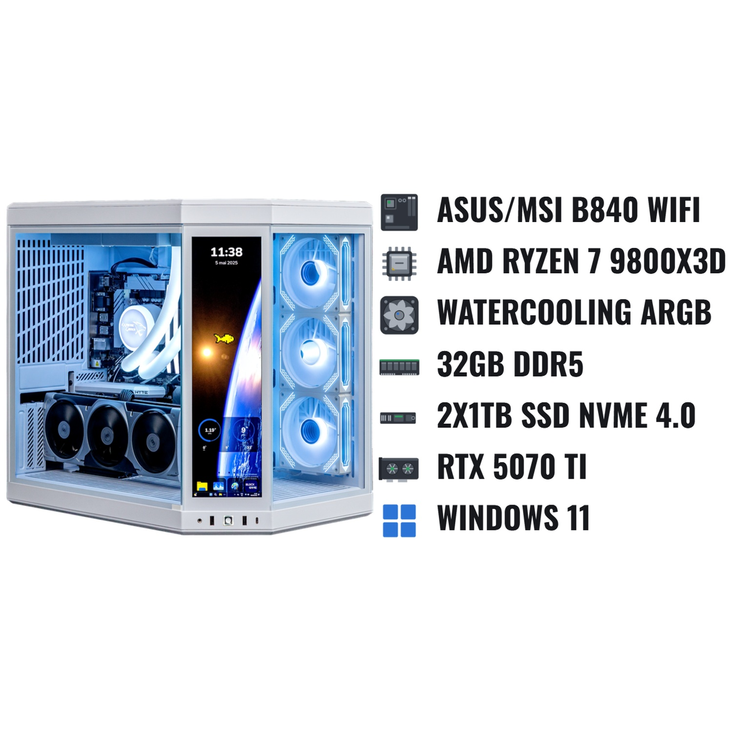 Witte gaming-pc met blauwe verlichting, ingebouwd scherm en componentenlijst ernaast.