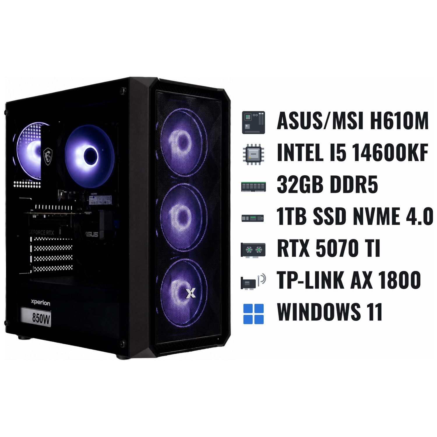 Tour de PC gamer noire avec ventilateurs à LED violettes et spécifications techniques.
