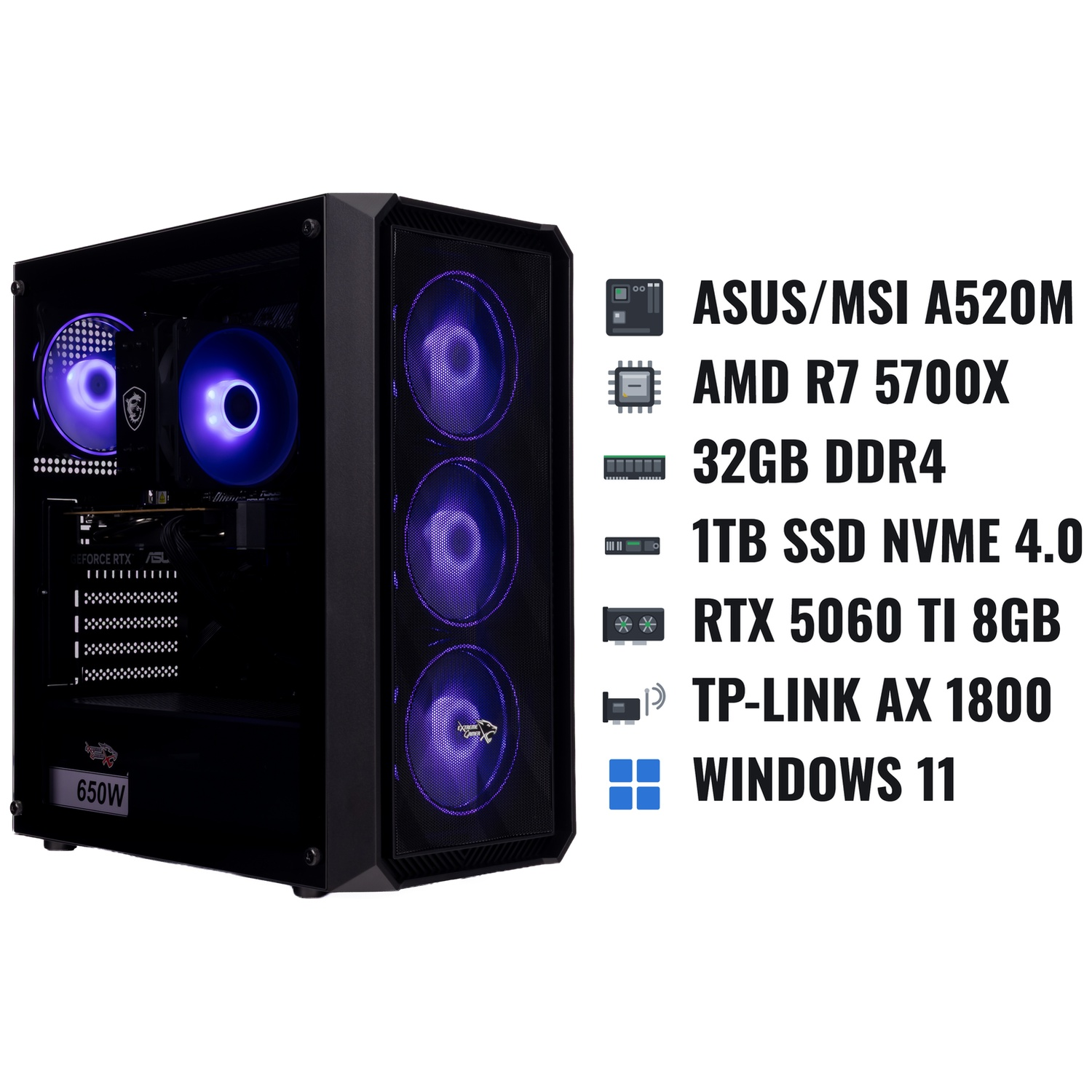 Een zwarte gaming-pc met paars verlichte ventilatoren en specificaties rechts weergegeven.