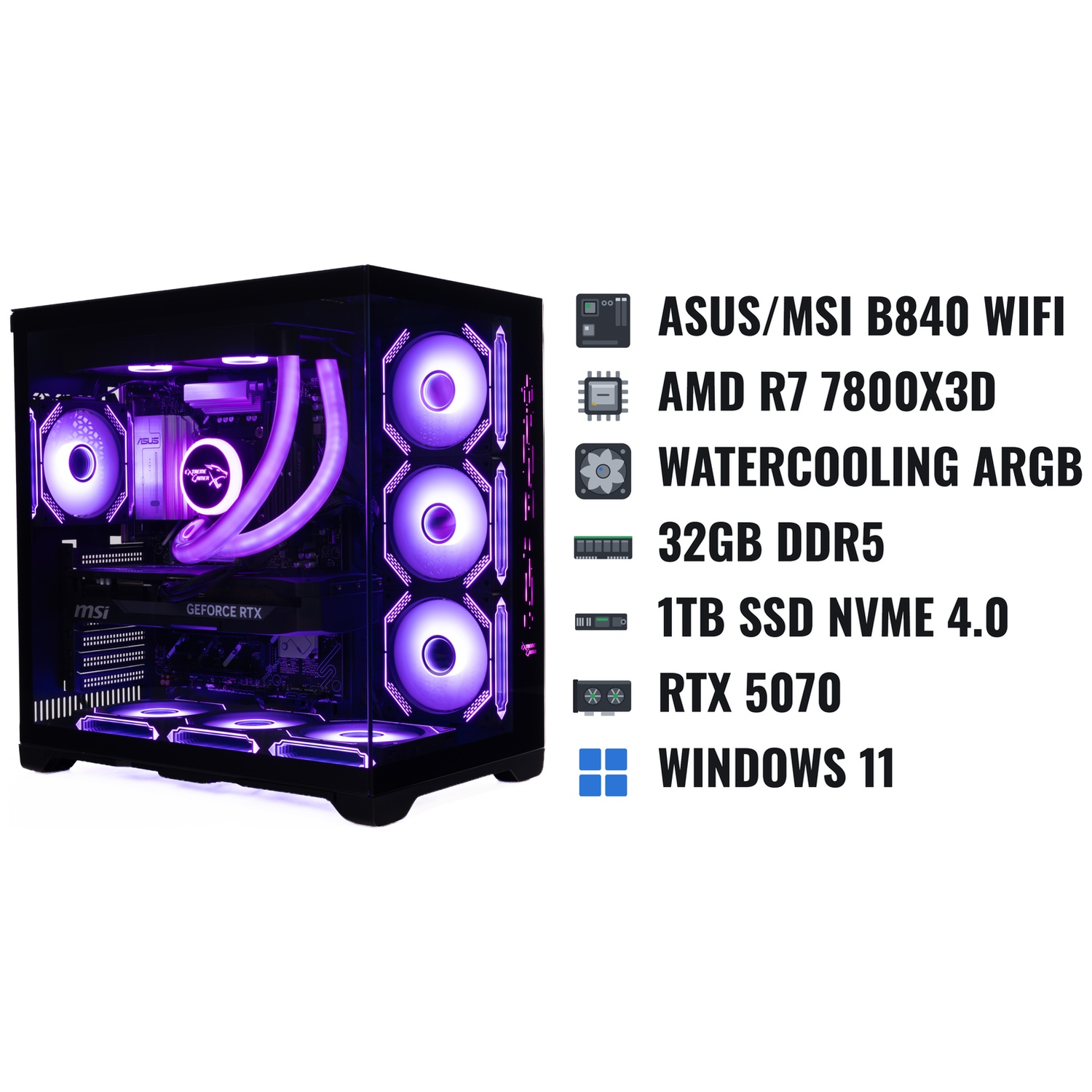 Een gaming-pc met levendige paarse led-verlichting, waterkoeling en specificaties op een witte achtergrond.