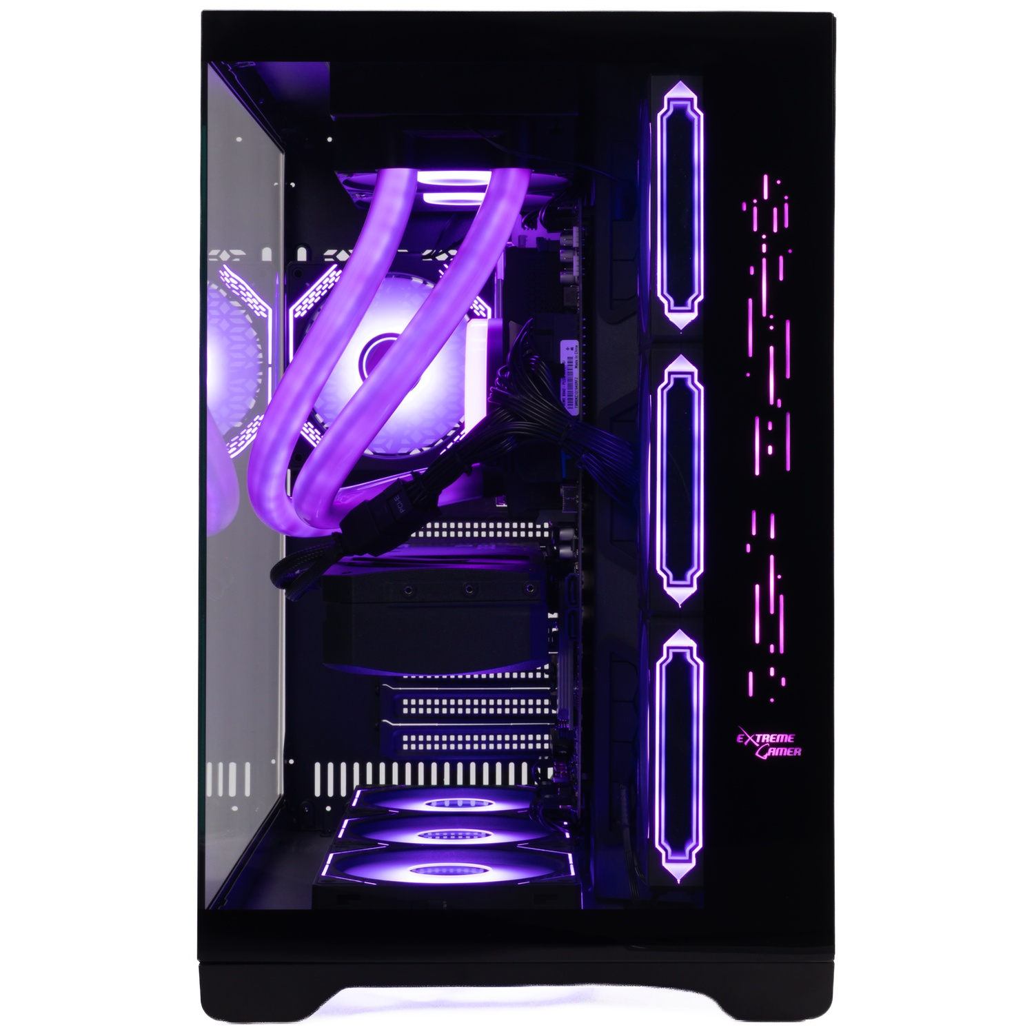 Een zwarte gaming-pc met heldere paarse verlichte ventilatoren en koelbuizen.