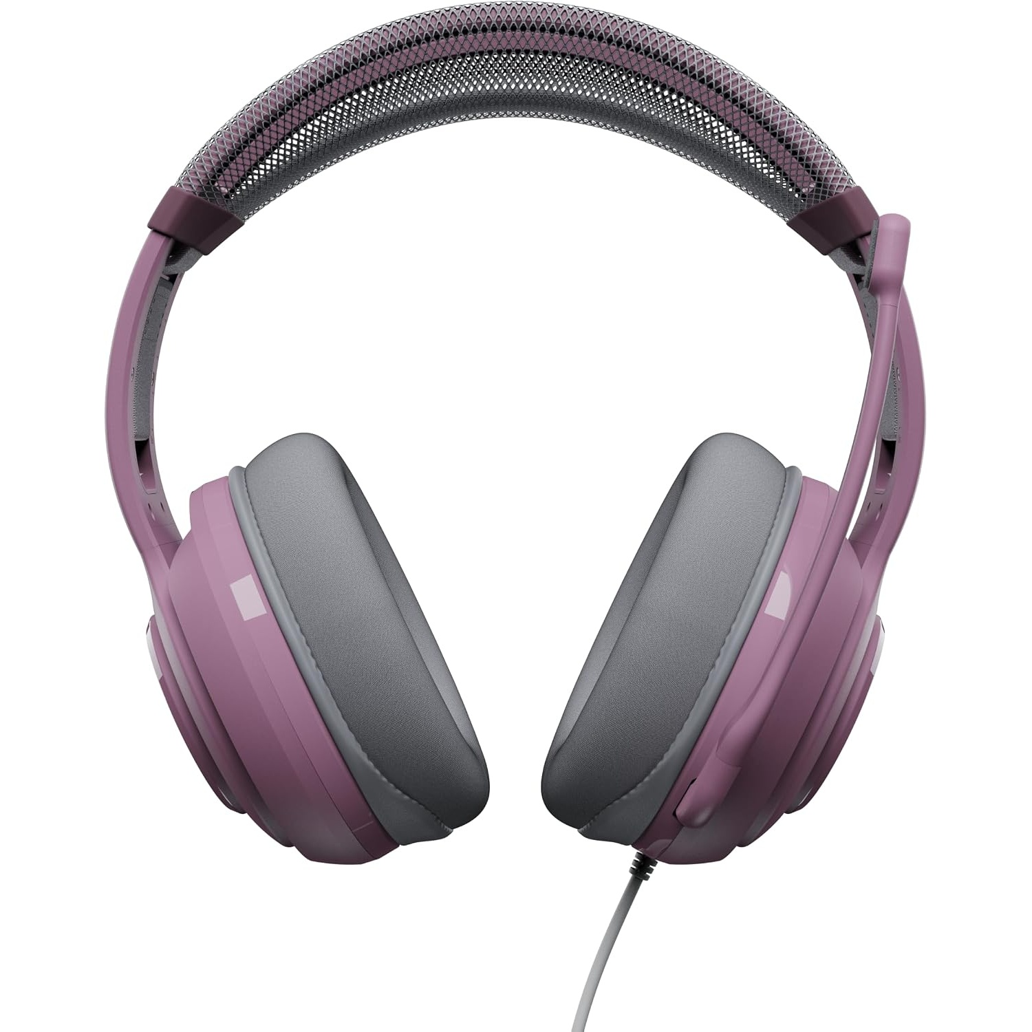 Purple over-ear gaming headphones featuring a grey padded headband and ear cushions.