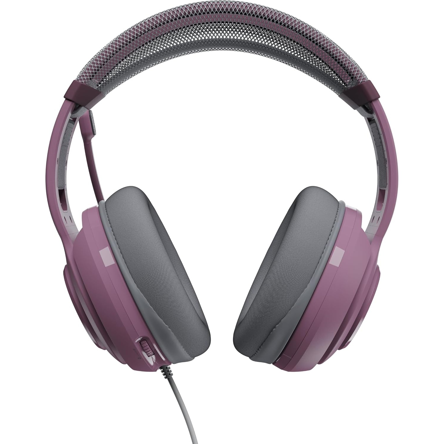 Purple wired gaming headset with mesh headband and grey ear cushions on a white background.