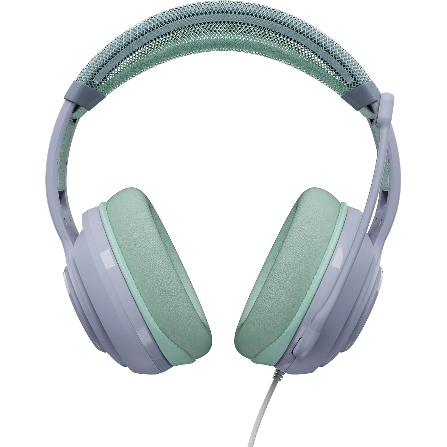 Pastel blue and mint green headphones with cushioned ear cups, mesh headband, and an attached white cable.