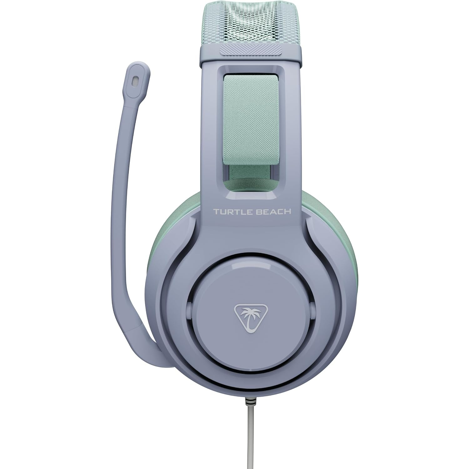 Light blue and mint green Turtle Beach gaming headset with attached microphone, viewed from the front against a white background.