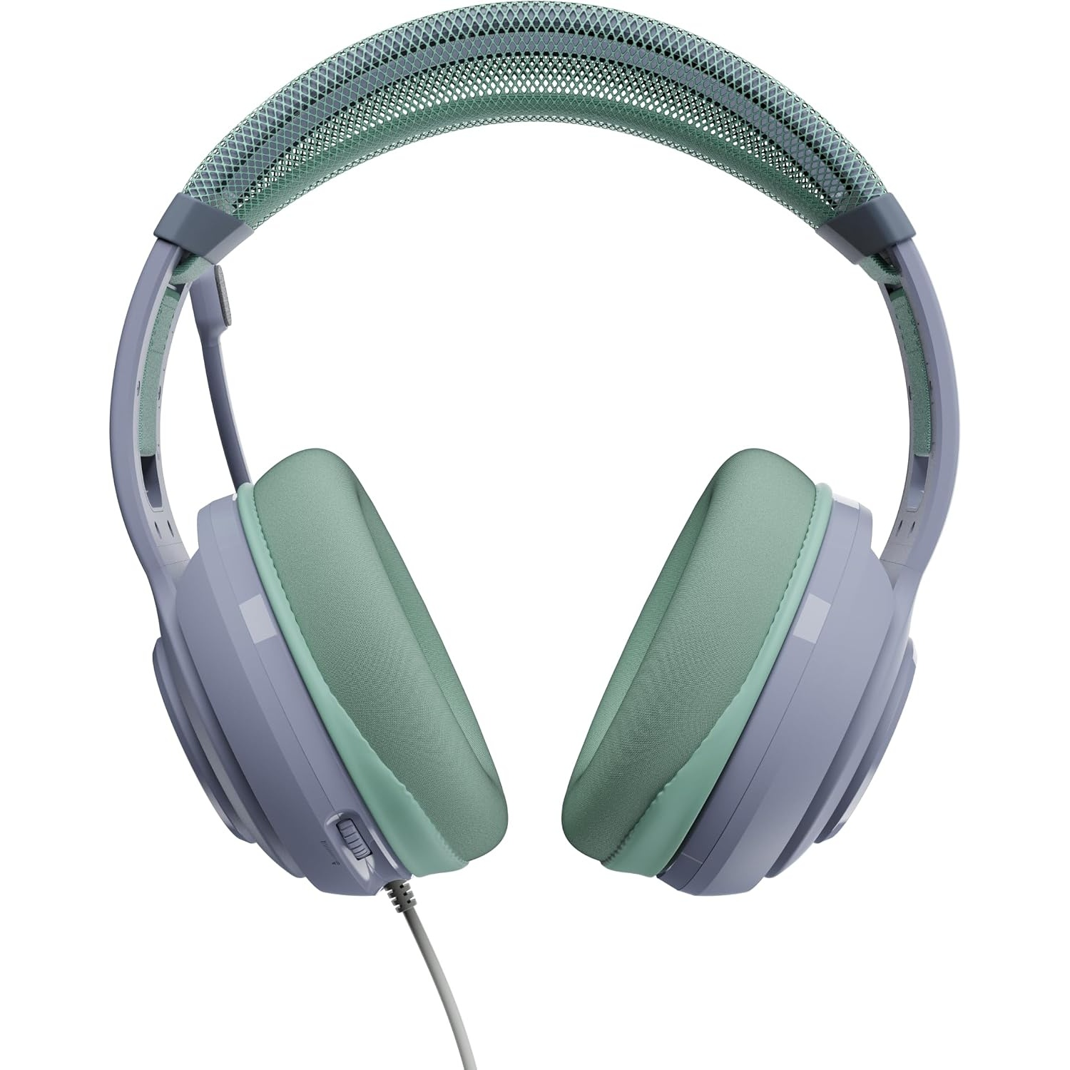 Gray and green over-ear headphones with a mesh headband and cable on a white background.