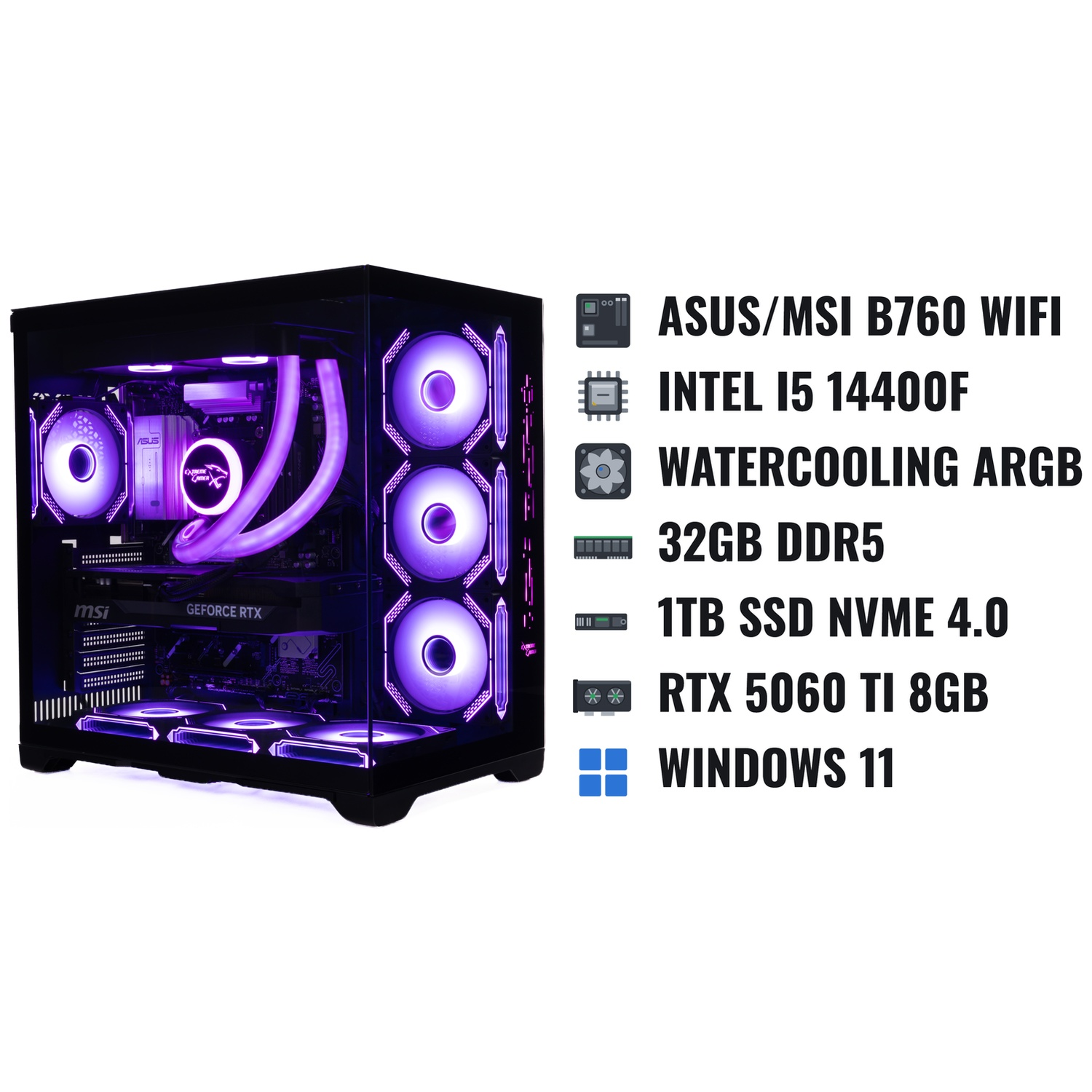 Gaming PC with glowing purple ARGB fans, water cooling, and technical specifications listed on the right.