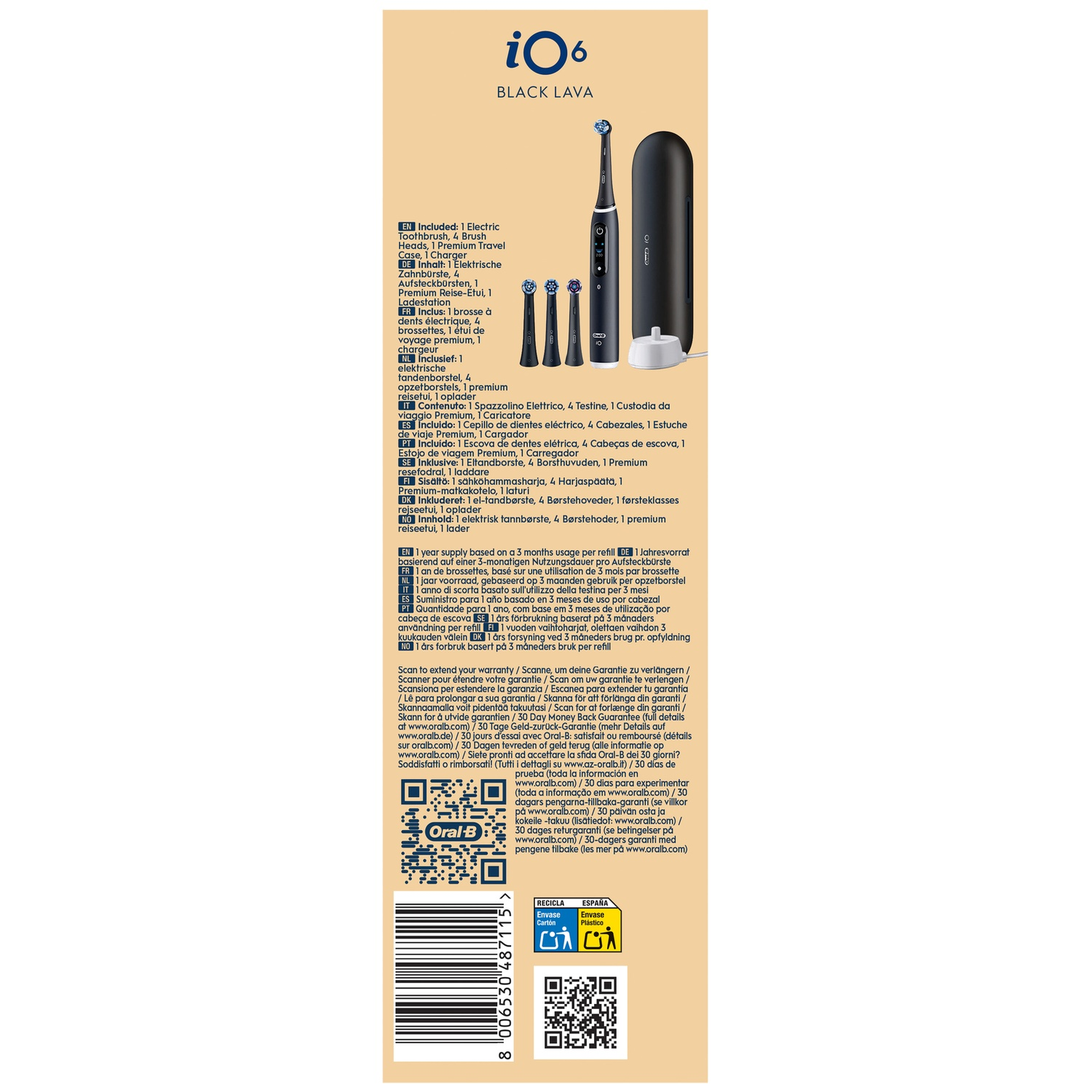 Emballage de la brosse à dents Oral-B iO6 Black Lava montrant le contenu, du texte, des codes QR et des codes-barres.