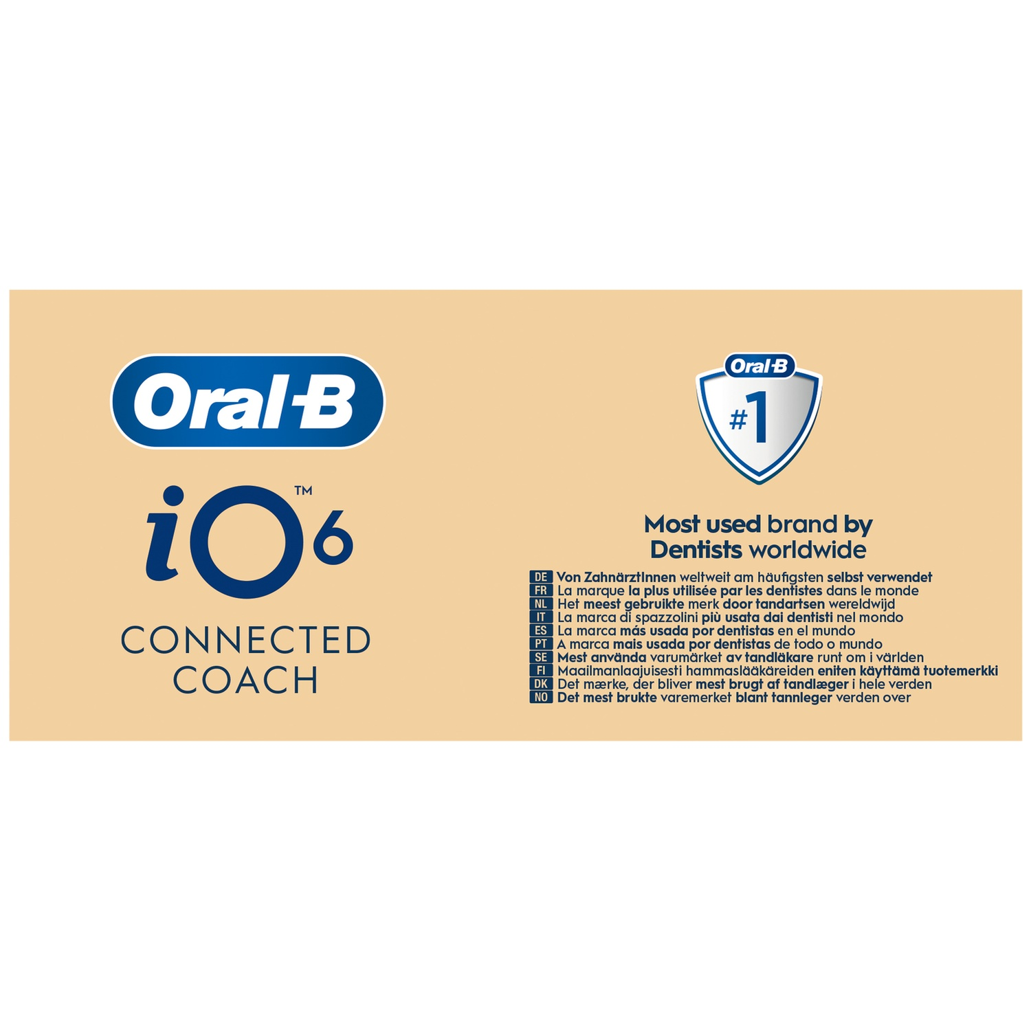 Emballage Oral-B iO6 avec logo de recommandation de dentiste sur fond jaune.