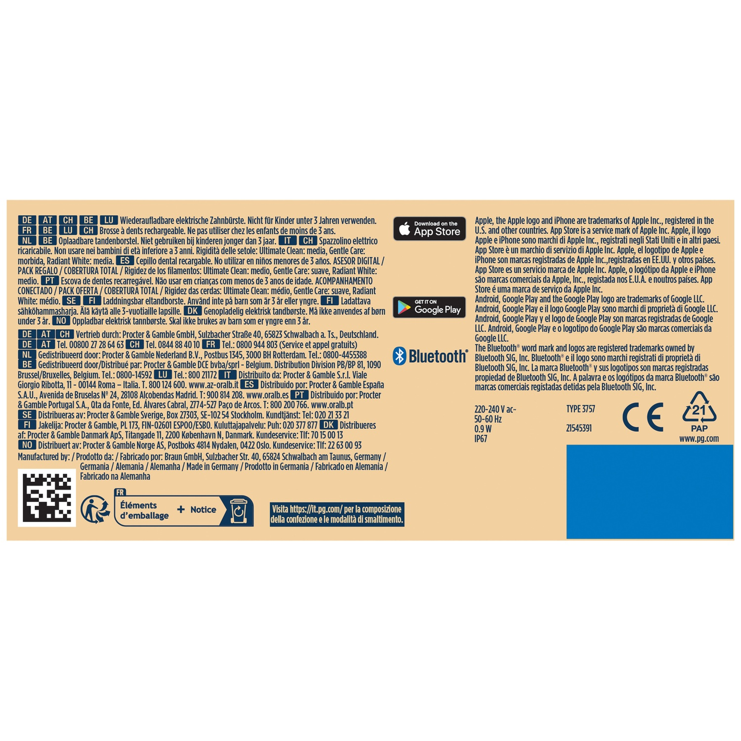Dos d'un emballage de produit avec du texte multilingue, des infos fabricant et des logos.