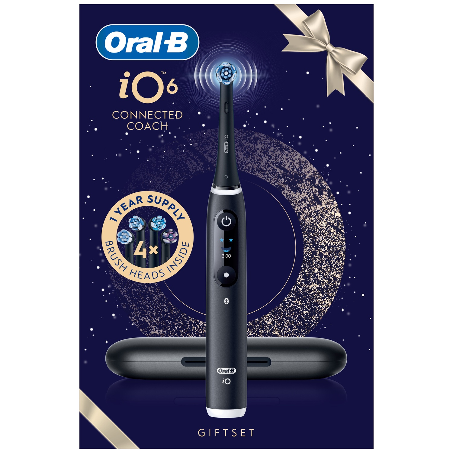 Brosse à dents électrique Oral-B iO6 dans un coffret cadeau bleu foncé avec étui et quatre têtes.