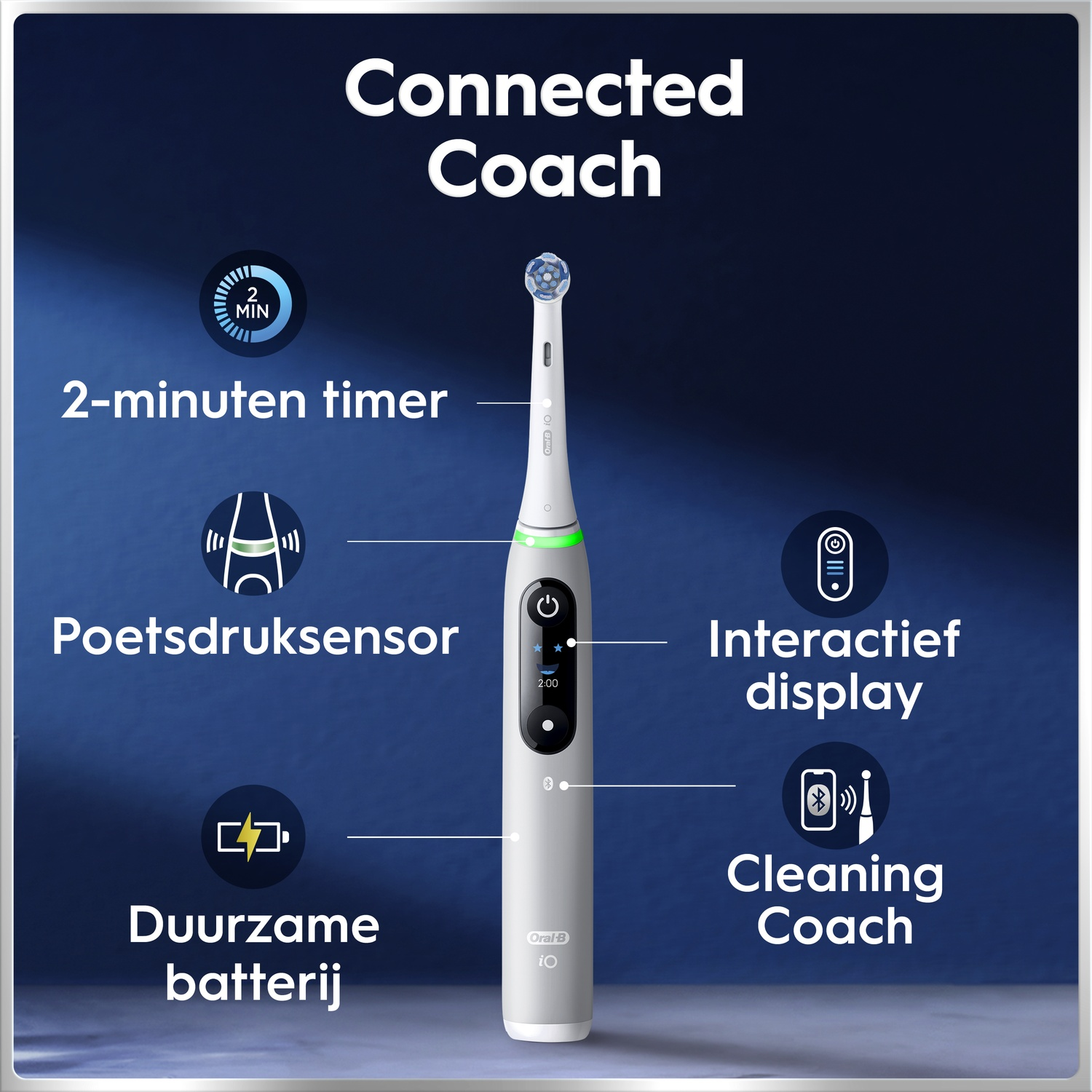 Brosse à dents électrique Oral-B iO avec des icônes et des labels indiquant le minuteur, le capteur et l'écran.