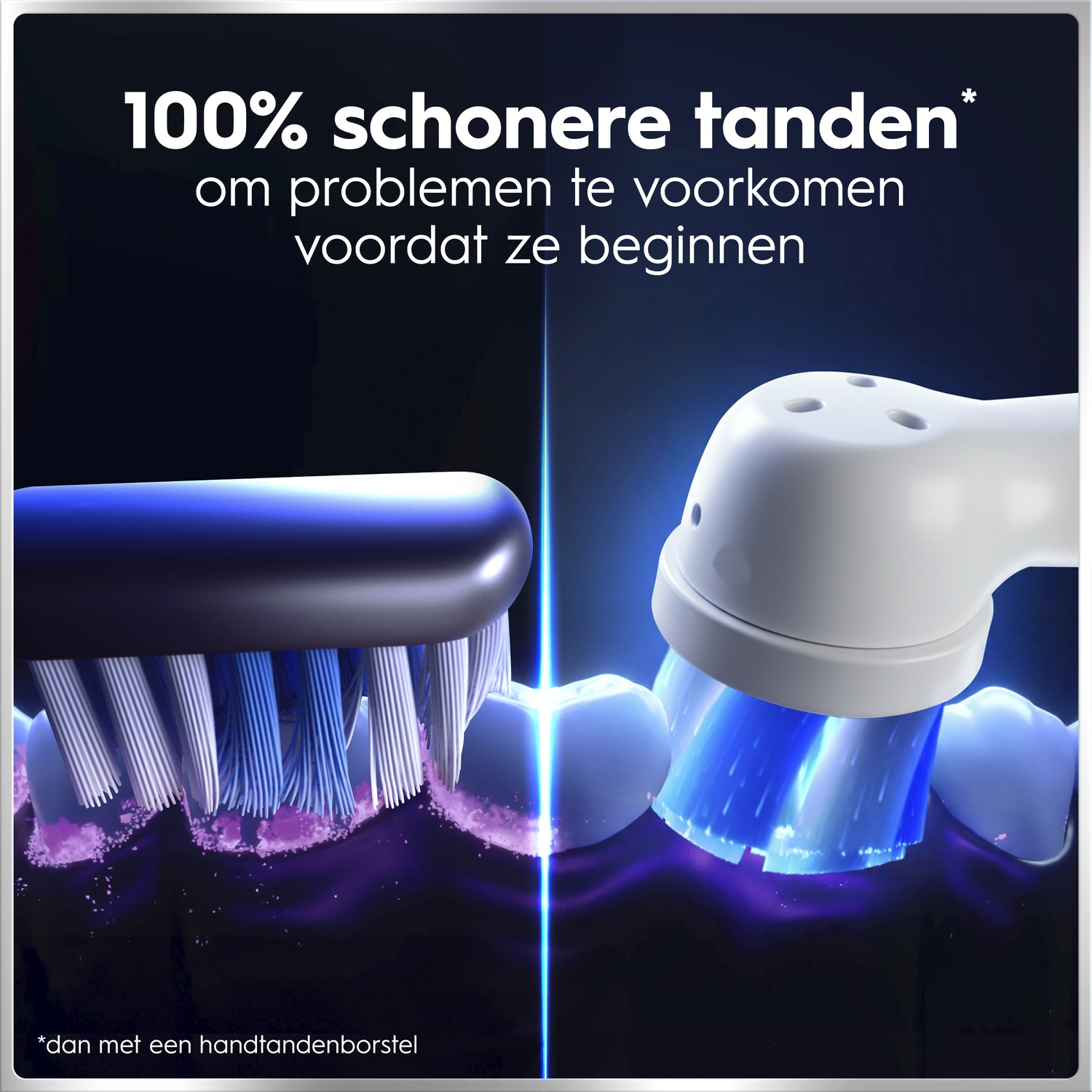 Publicité pour brosse à dents avec texte, comparant une brosse manuelle et électrique.