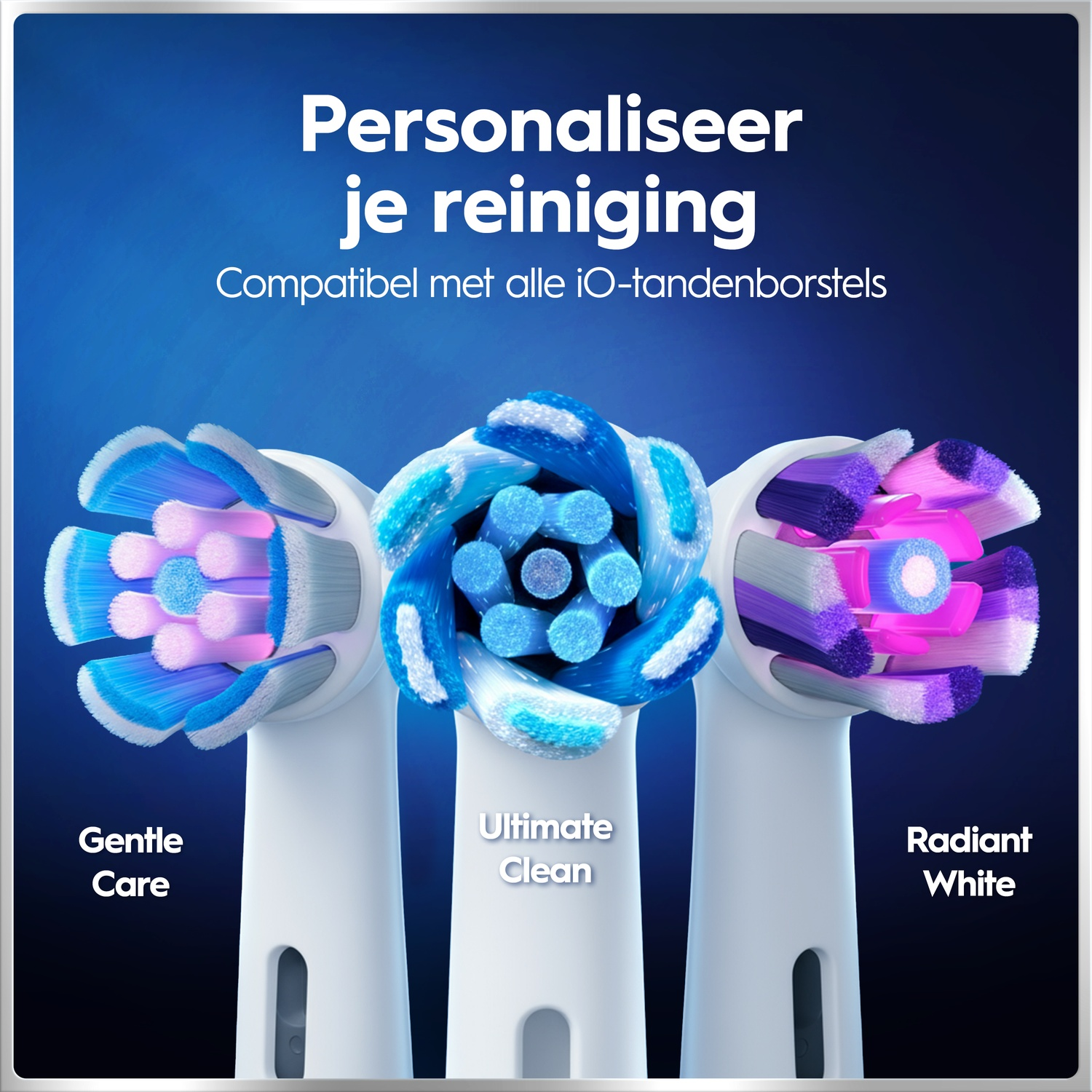 Trois têtes de brosse à dents iO différentes sur fond bleu avec texte blanc.