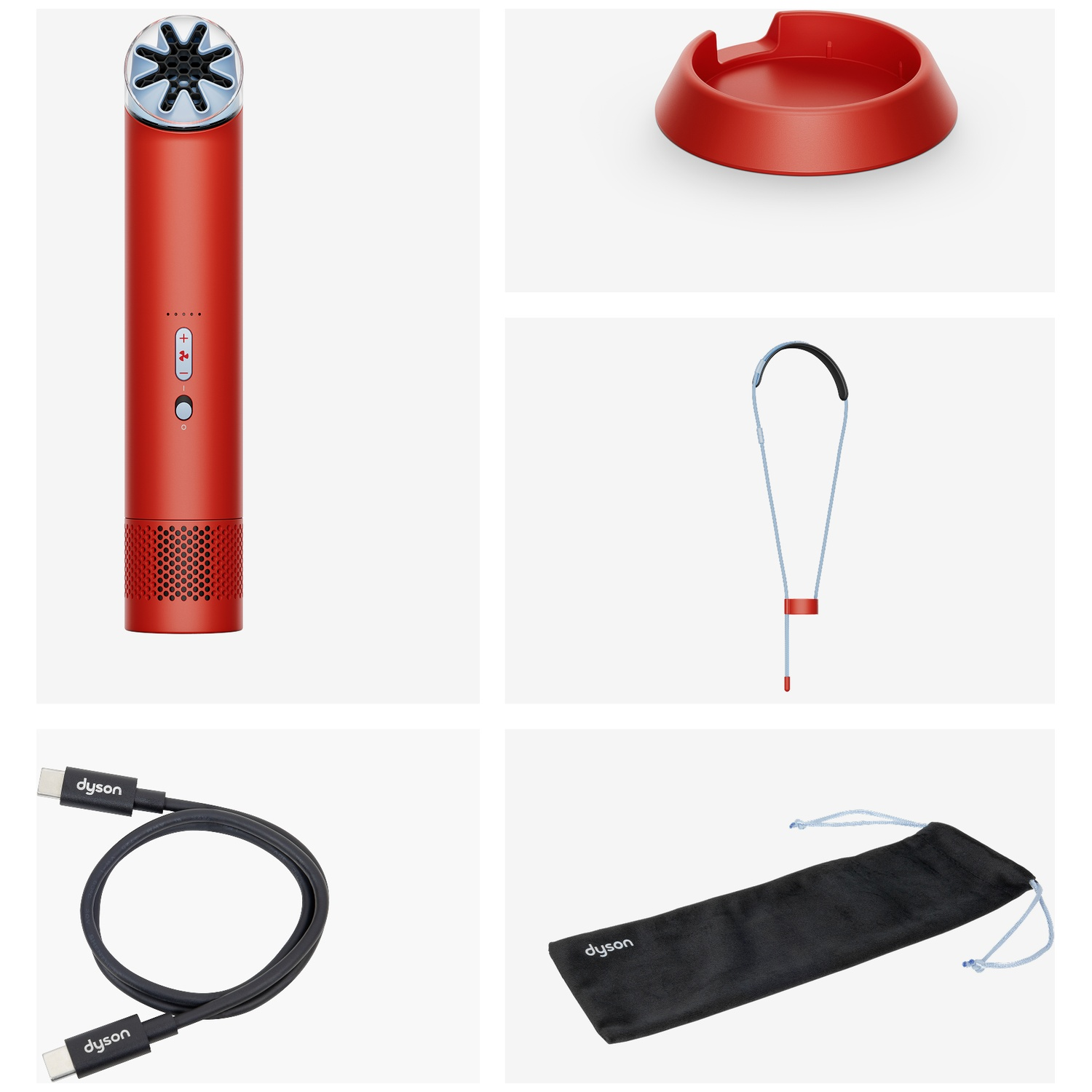 Ensemble avec sèche-cheveux rouge, support rouge, lanière, câble USB-C et pochette noire sur fond clair.