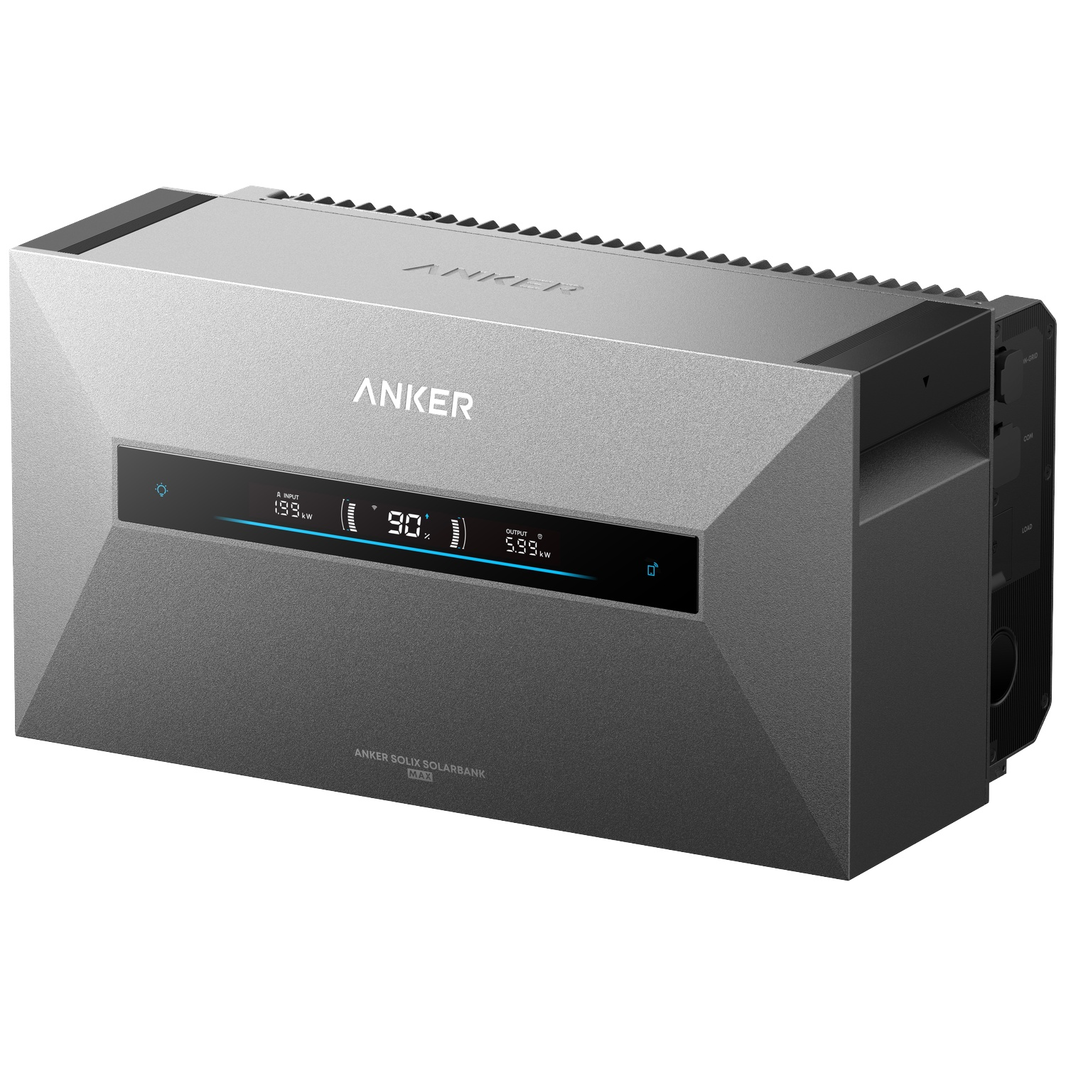 Batterie solaire grise Anker Solix Max avec écran numérique et barre LED bleue.