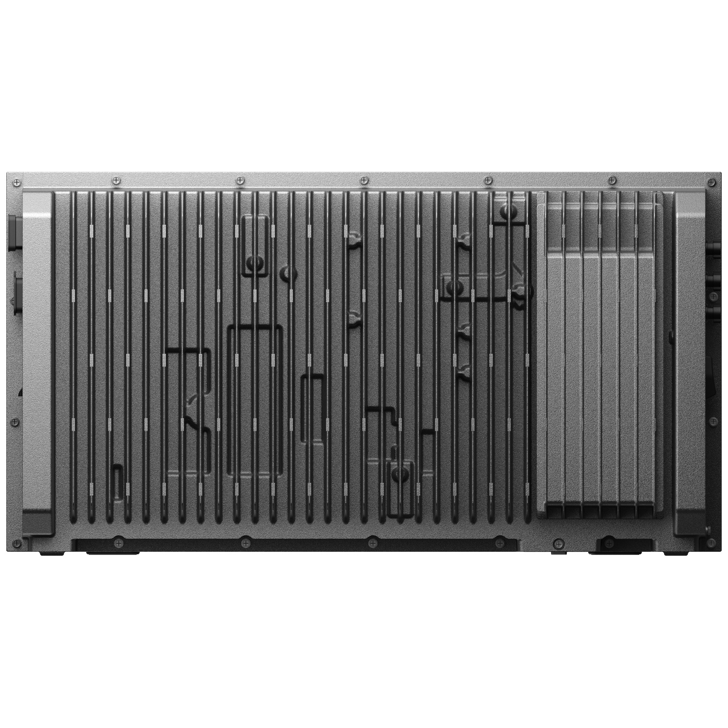 Boîtier électronique rectangulaire gris avec ailettes de refroidissement verticales et vis de montage.