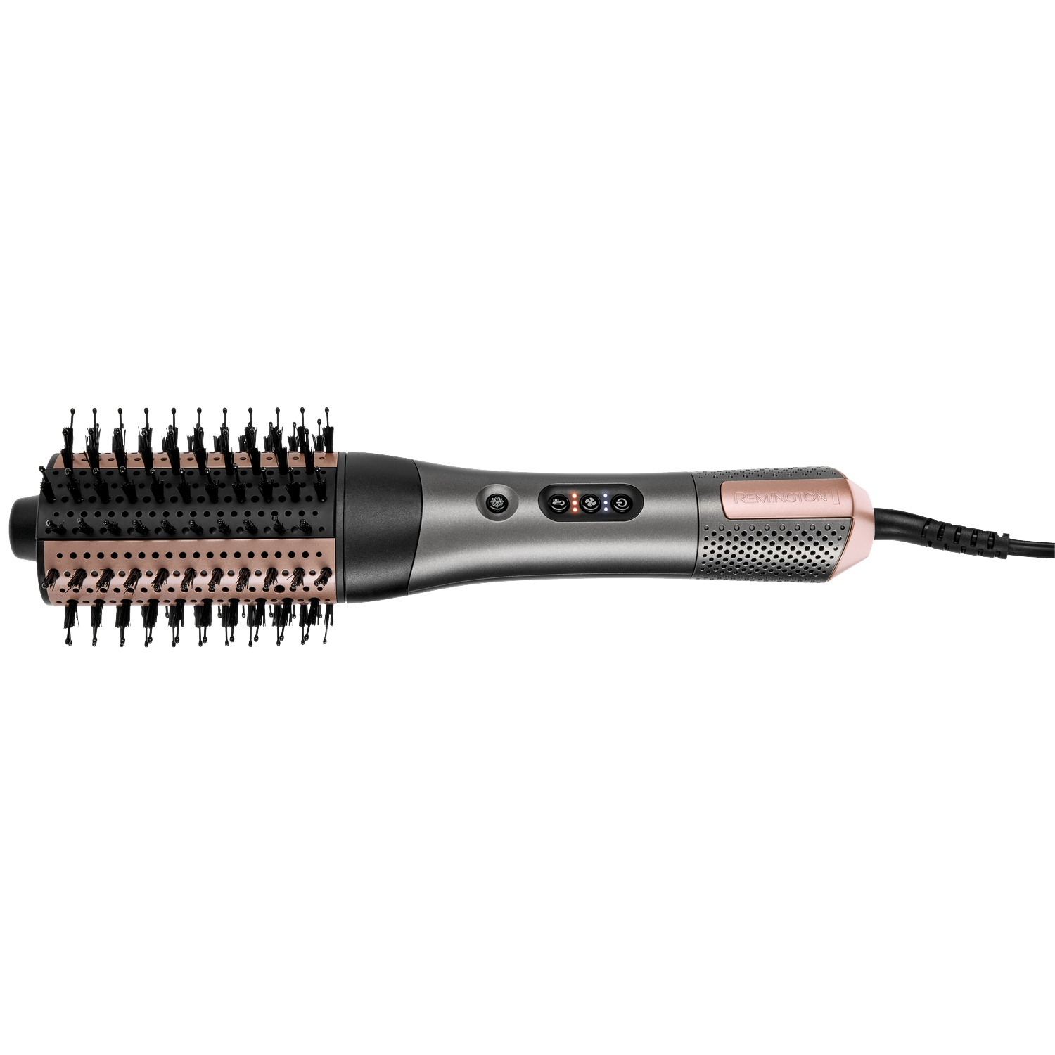Une brosse soufflante Remington grise et or rose avec des poils noirs sur fond blanc.