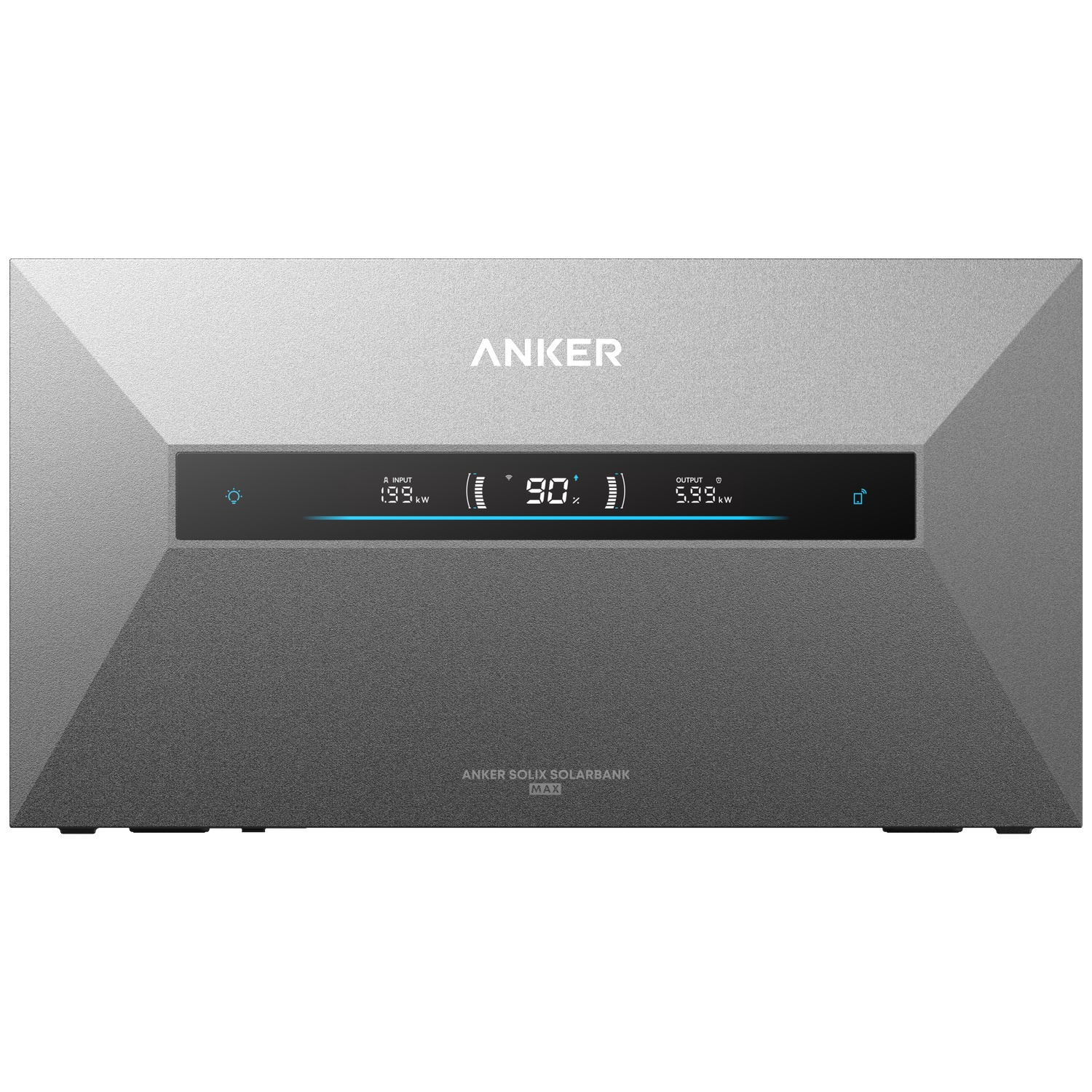 Anker Solix Solarbank Max grise avec écran numérique et barre lumineuse bleue.