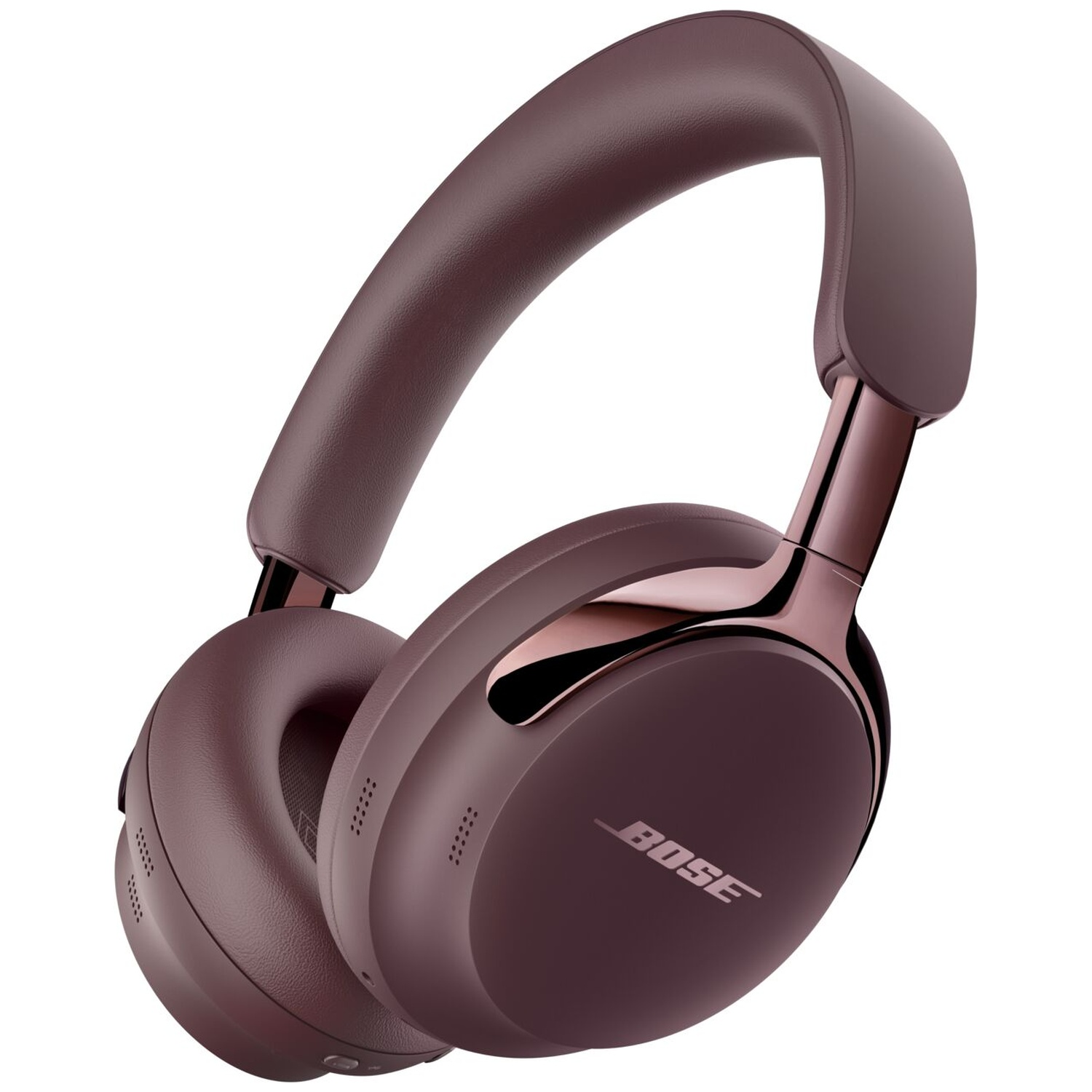 Donkerpaarse Bose over-ear koptelefoon met roségouden accenten tegen een witte achtergrond.