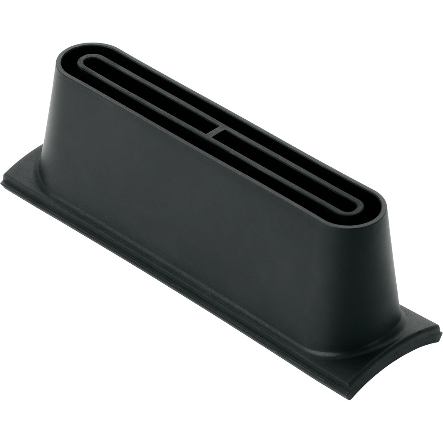 Une pièce en plastique noir mat allongée avec une fente ouverte sur le dessus et une base plate.