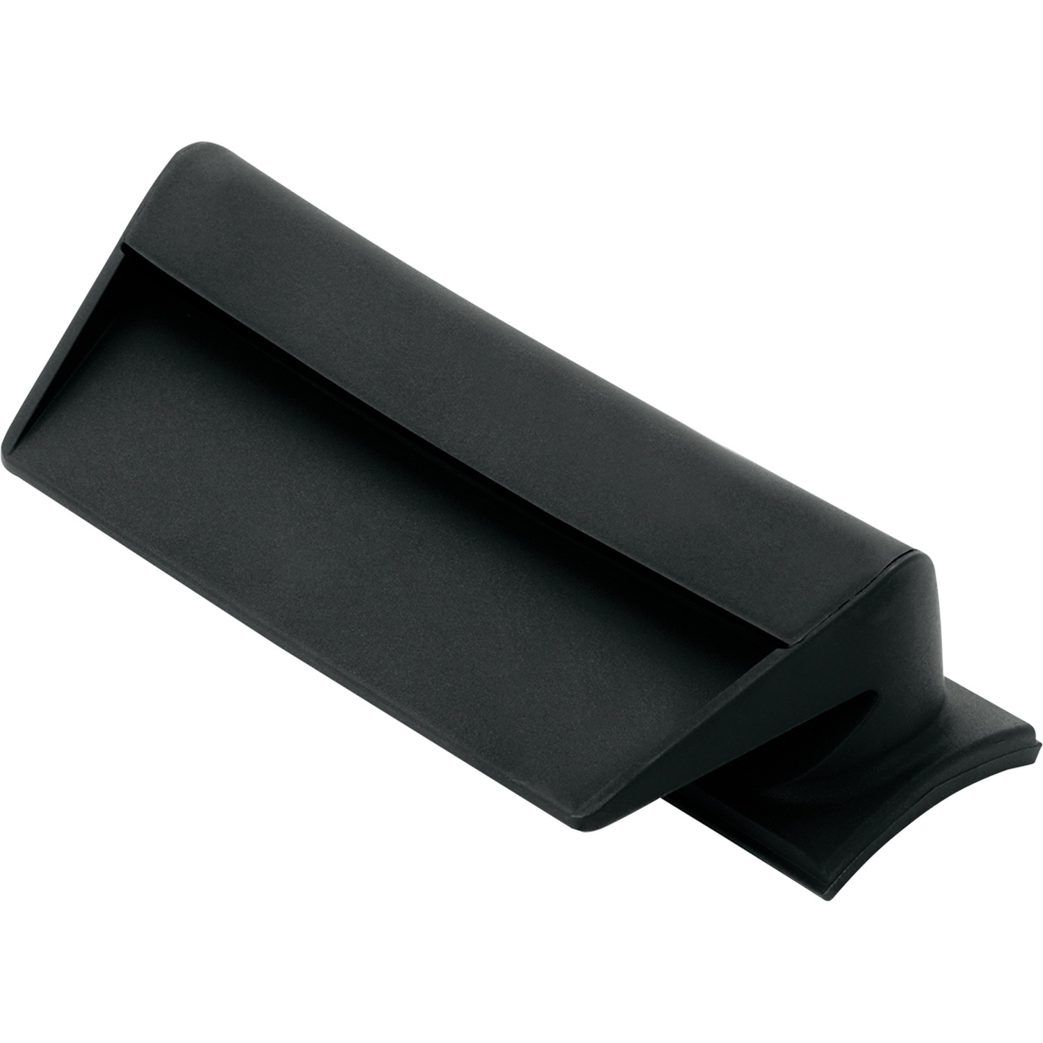 Un bec de robinet de salle de bain rectangulaire noir avec une large ouverture, vu en perspective inclinée sur fond blanc.