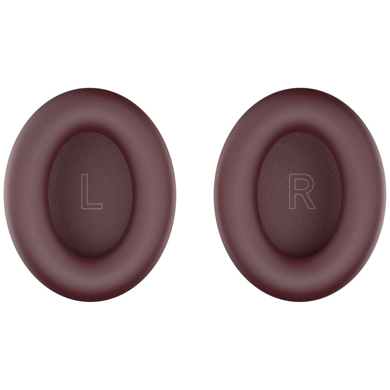 Twee ovale, bordeauxrode koptelefoon oorkussens met de letters L en R op een witte achtergrond.
