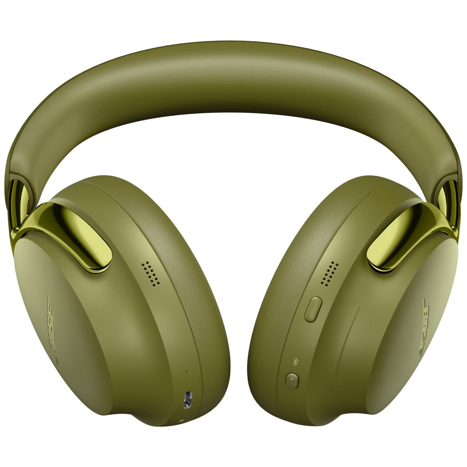 Olive green over-ear headphones with shiny metal accents and buttons on the right ear cup.