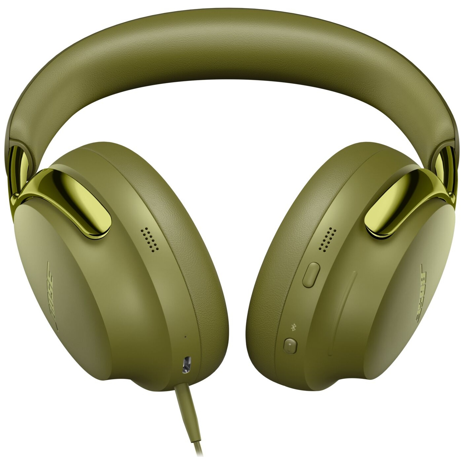 Olive green over-ear headphones with a padded headband and gold-colored accents against a white background.
