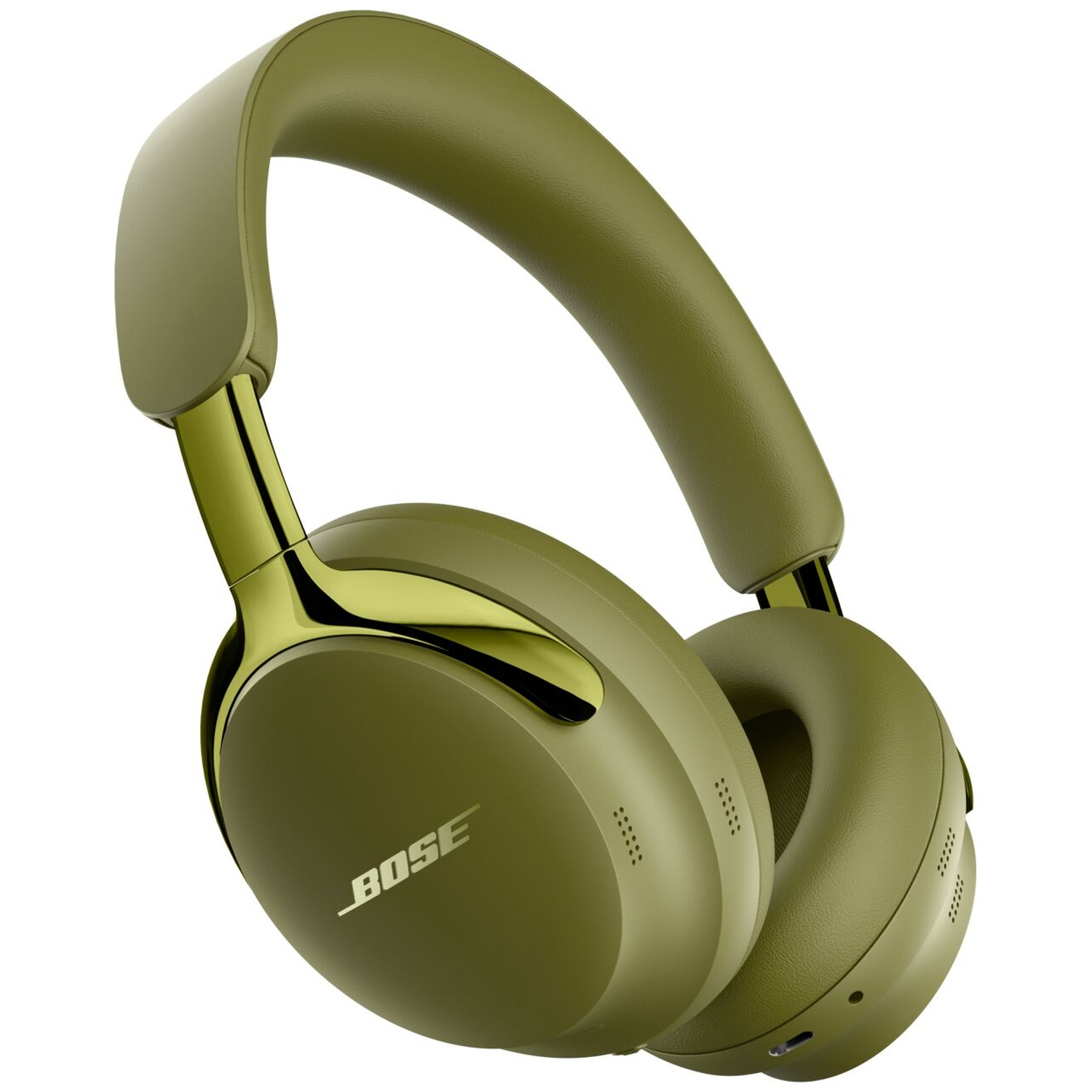 Olive green over-ear headphones featuring the Bose logo on the left ear cup and shiny metallic accents.
