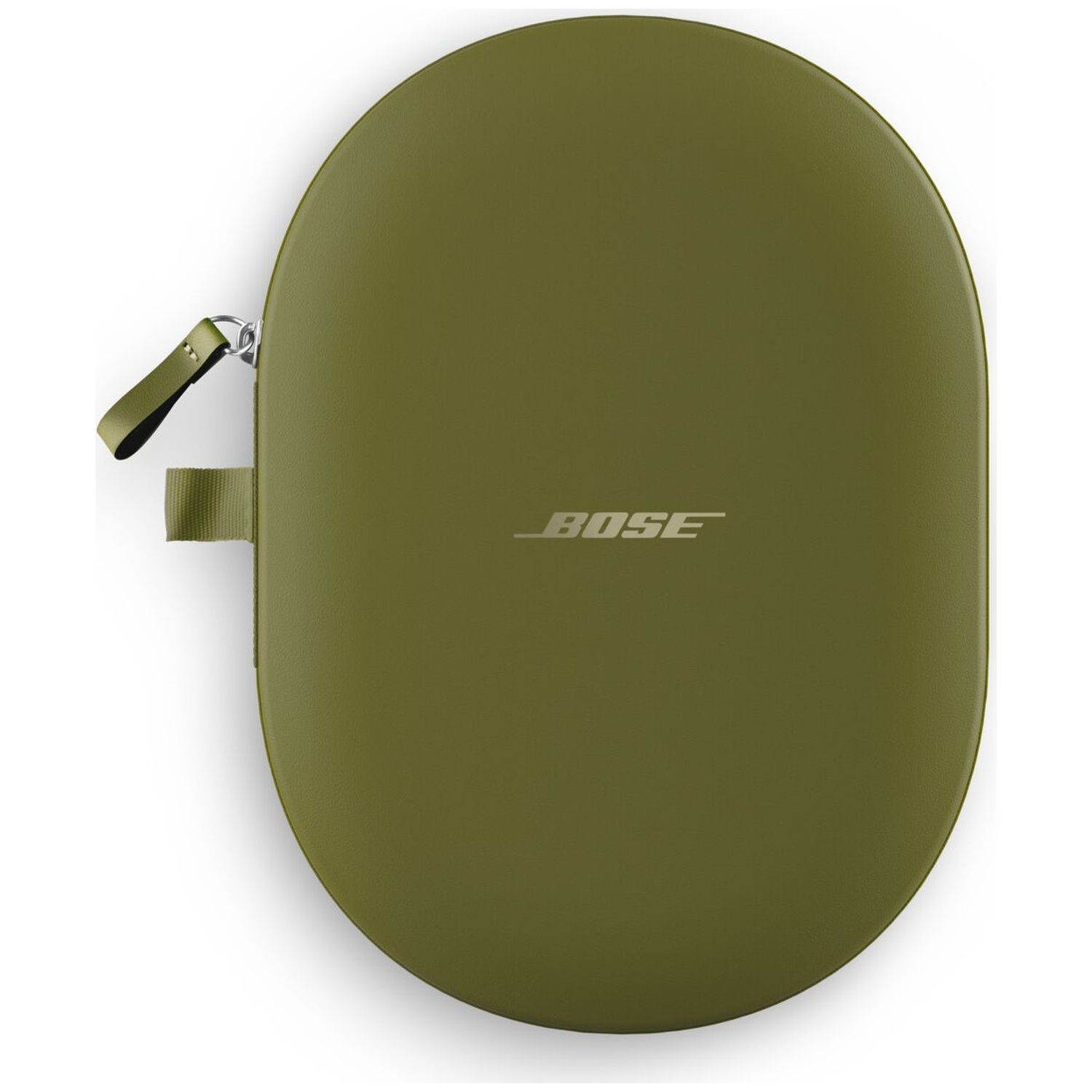 An olive-green, round Bose headphone hard case with a zipper and central brand logo on a white background.