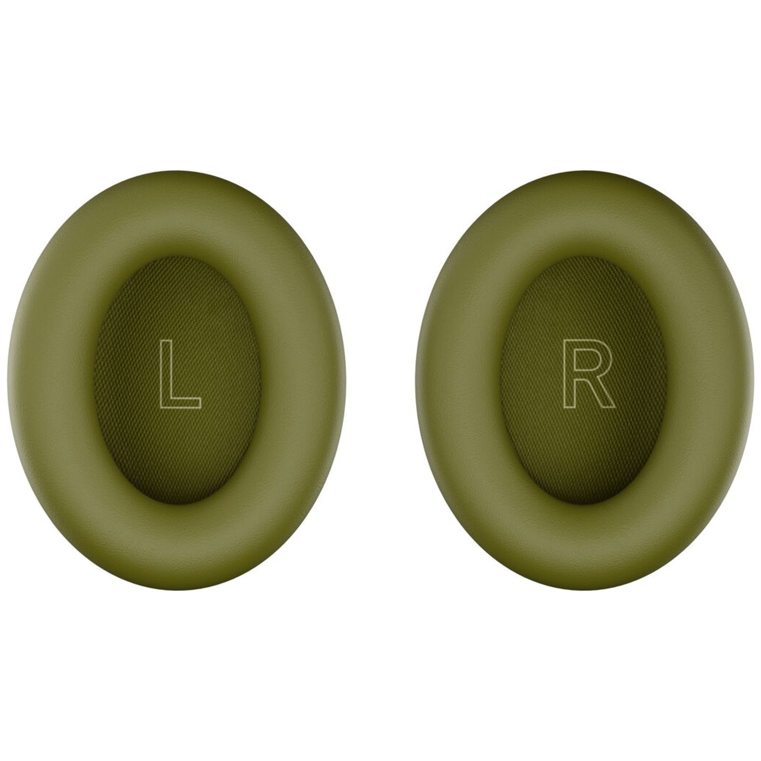 Two olive-green headphone ear pads, with 'L' on the left and 'R' on the right, set against a plain white background.