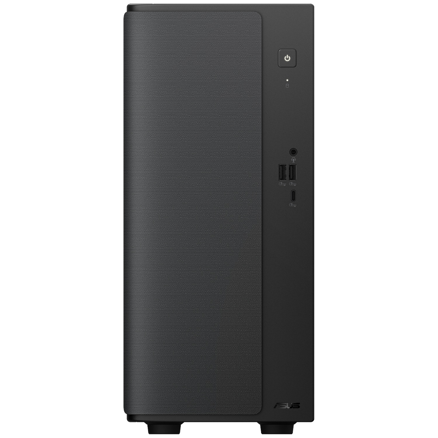 Black Asus desktop computer tower with front ports and power button.