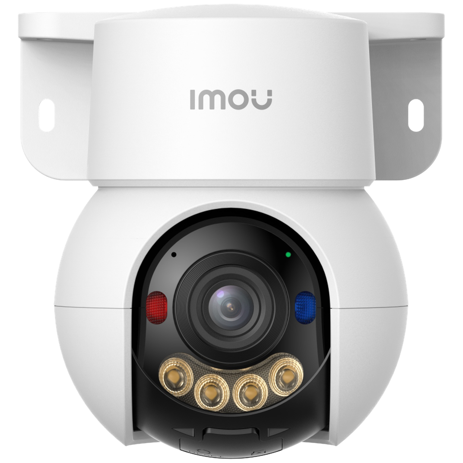 Een witte Imou beveiligingscamera met lens, rode en blauwe lampjes en vier led's.