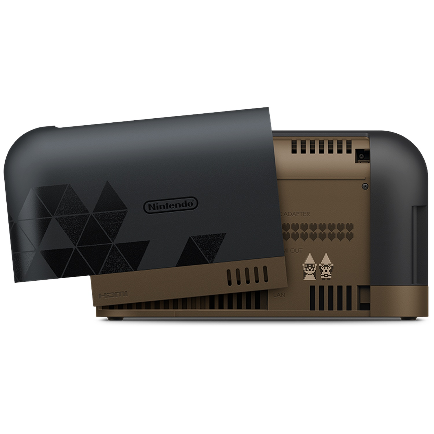 Een zwart-bruine Nintendo-console met een geometrisch patroon op het voorpaneel.