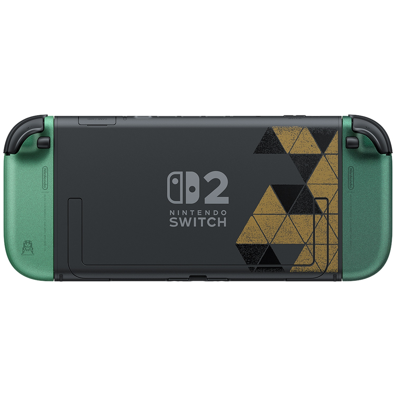 Zwarte Nintendo Switch-console met groene zijkanten en gouden driehoekspatroon.