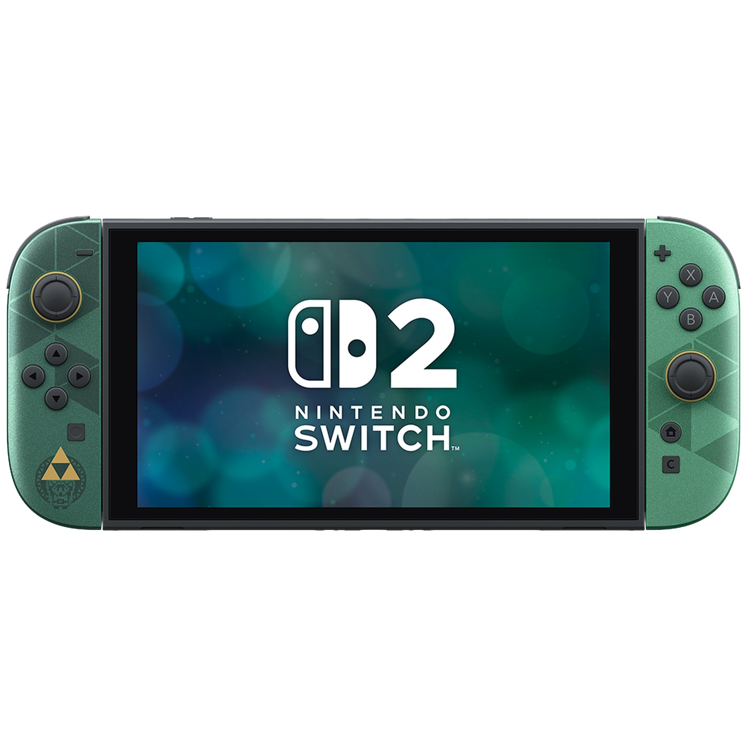 Een groene Nintendo Switch-console met het logo op het scherm tegen een blauwgroene achtergrond.