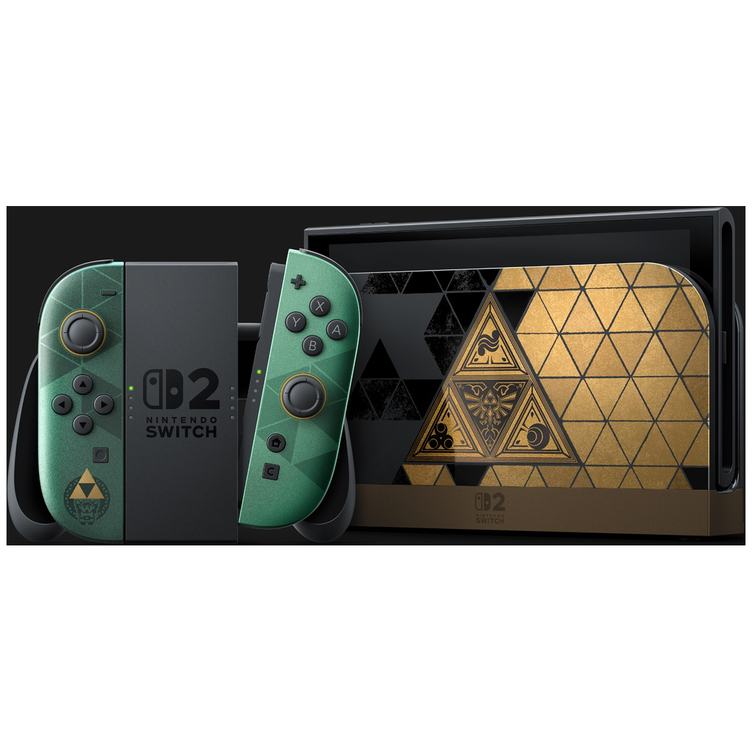 Nintendo Switch The Legend of Zelda-editie in groen en goud, met gedecoreerd dock en Joy-Con-controllers.