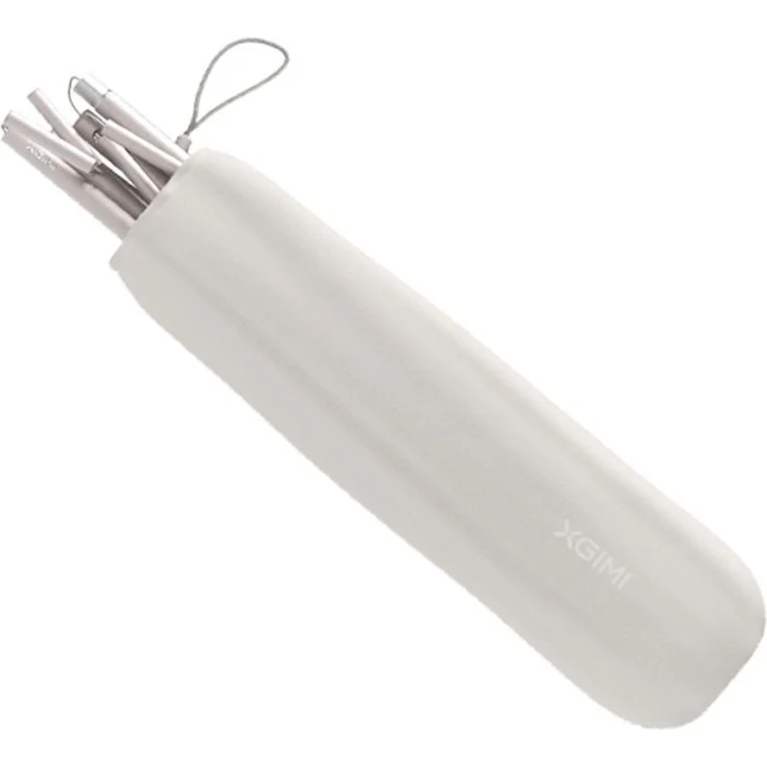 Un étui cylindrique blanc XGIMI avec des tiges argentées dépassant.
