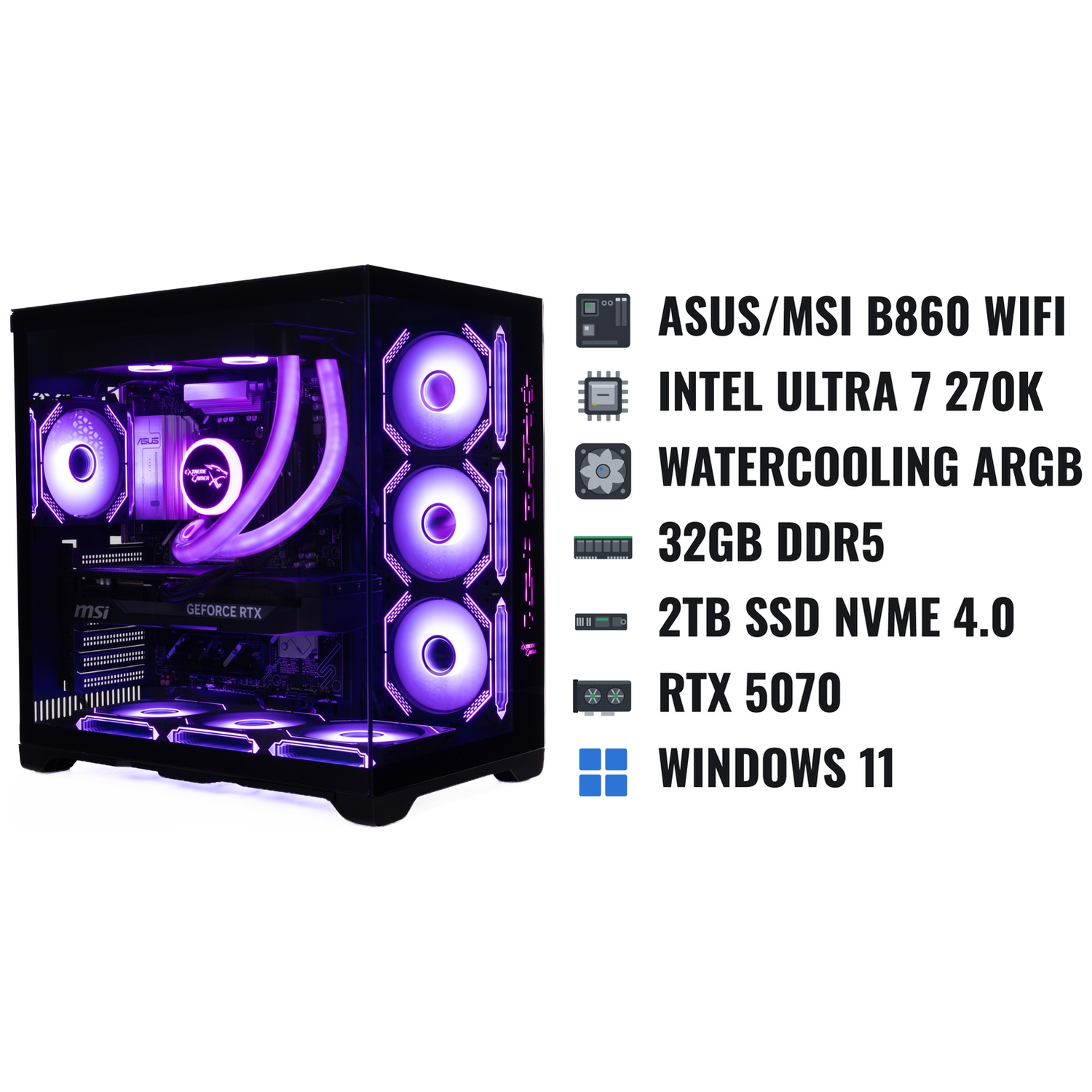 Gaming PC with purple RGB lighting, accompanied by specifications list including Intel Ultra 7 and RTX 5070.