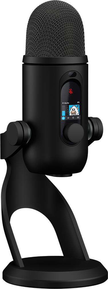 Fekete USB mikrofon állványon, színes kijelzővel és vezérlőgombbal.