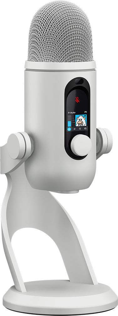 Egy fehér USB mikrofon digitális kijelzővel és vezérlőgombbal egy hozzáillő állványon, fekete háttér előtt.