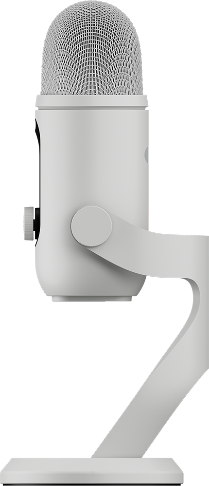 Egy fehér USB mikrofon profilból, fekete háttér előtt.