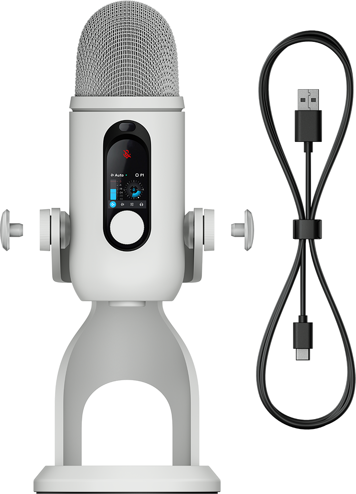 Egy fehér USB mikrofon állványon kijelzővel, mellette egy fekete USB kábellel fekete háttér előtt.