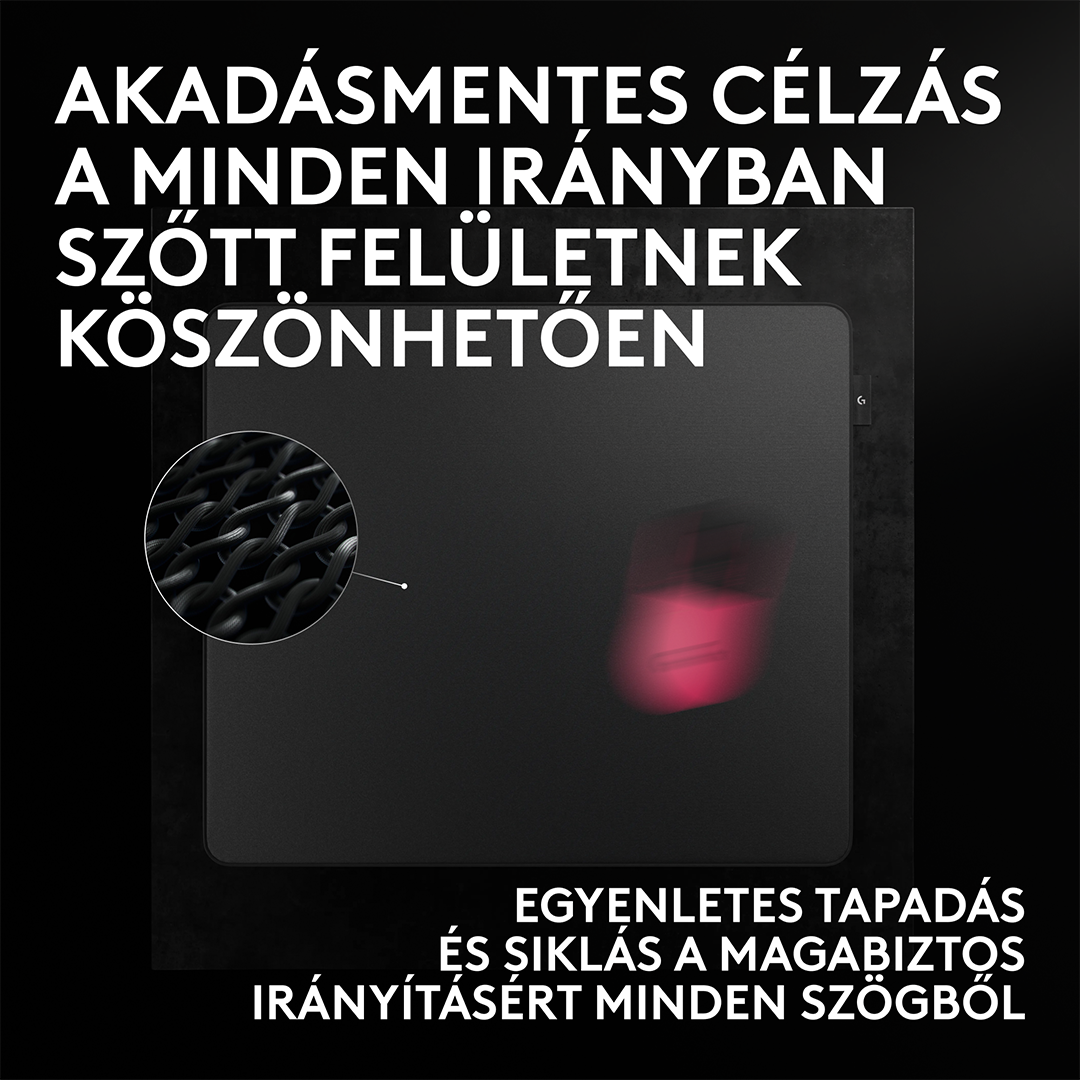 Fekete egérpad texturált felülettel kör alakú nagyításban, magyar feliratokkal a tetején és alján.