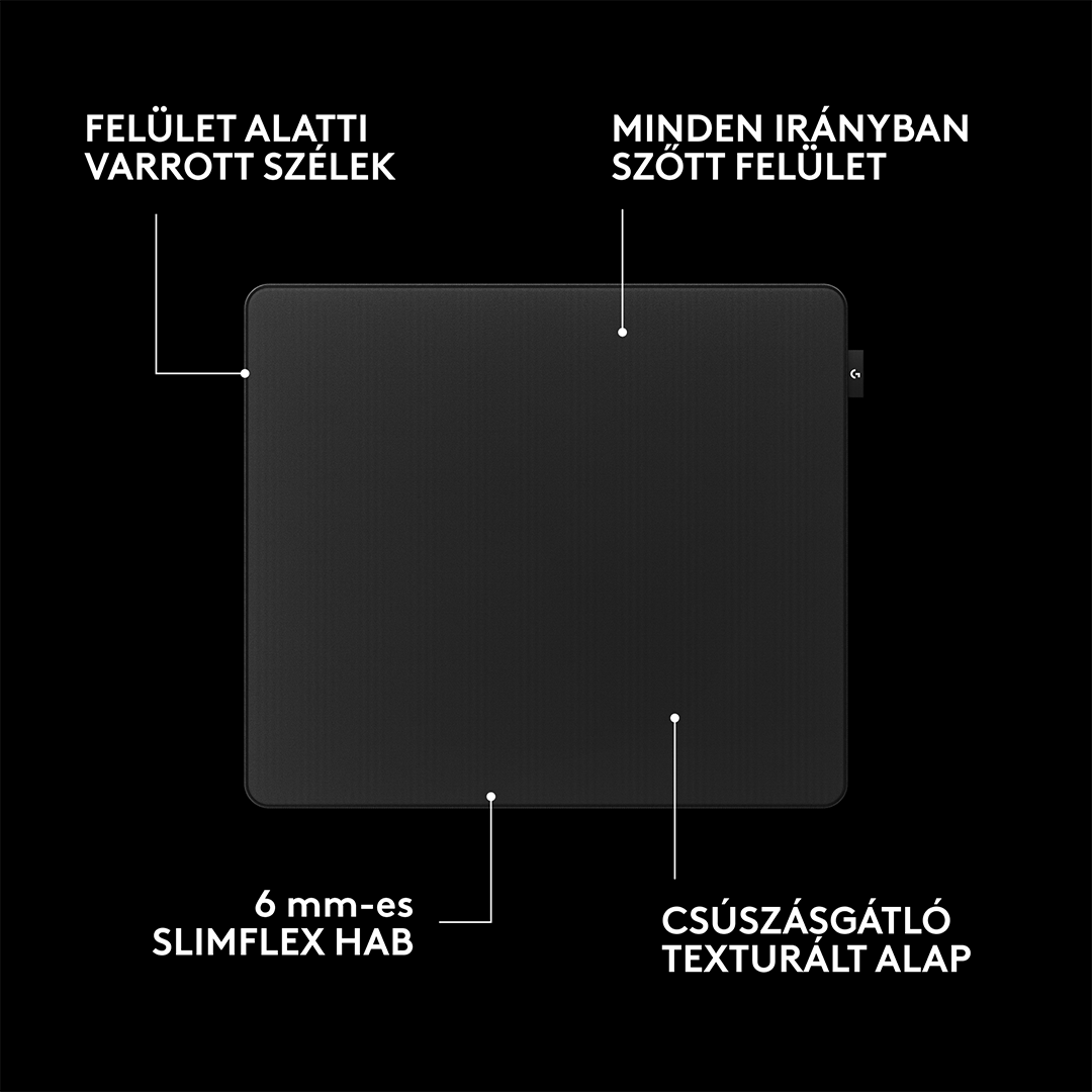 Fekete egérpad termékjellemzők felirataival fekete háttér előtt.
