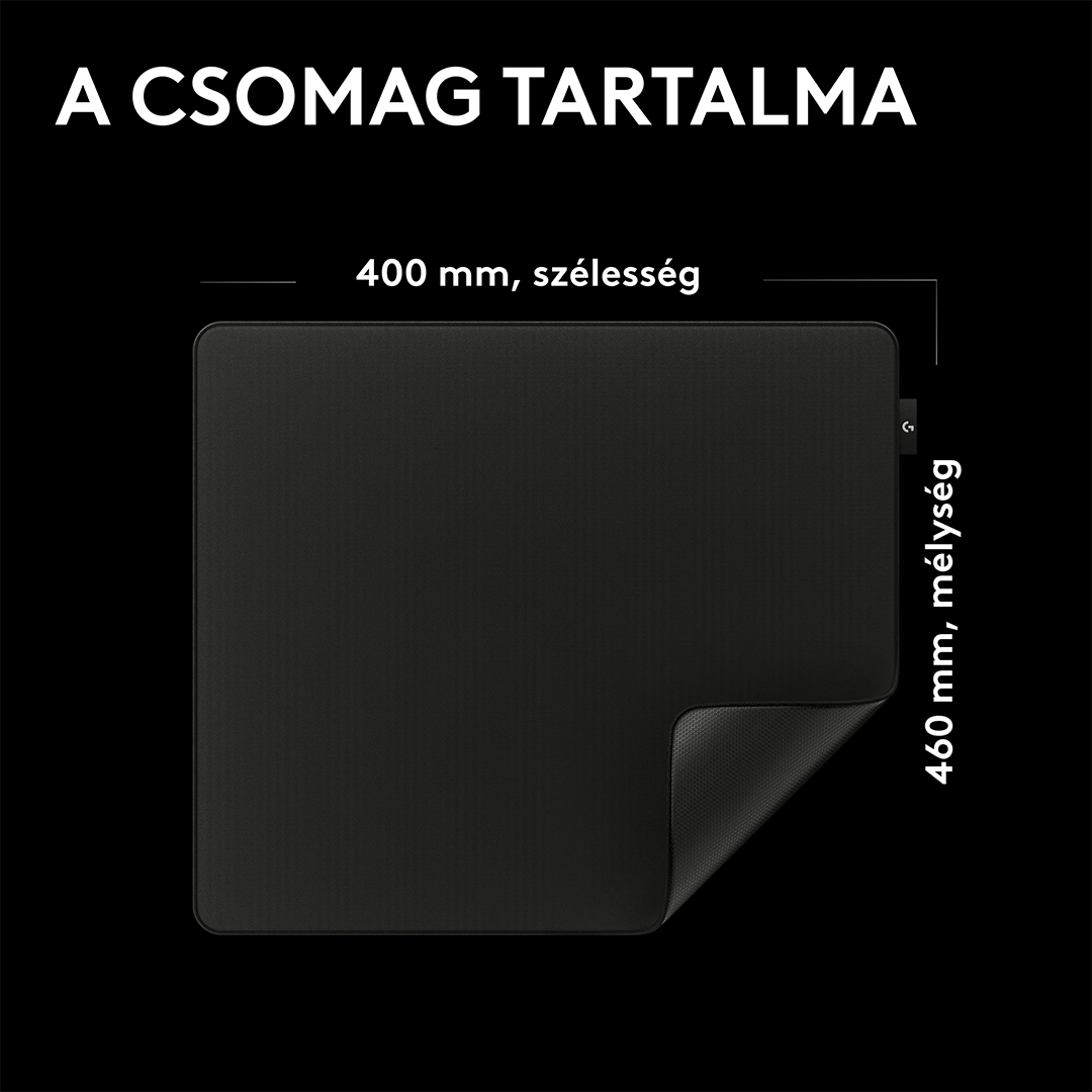 Fekete egérpad fekete háttéren, 400 mm szélesség és 460 mm mélység méretekkel.